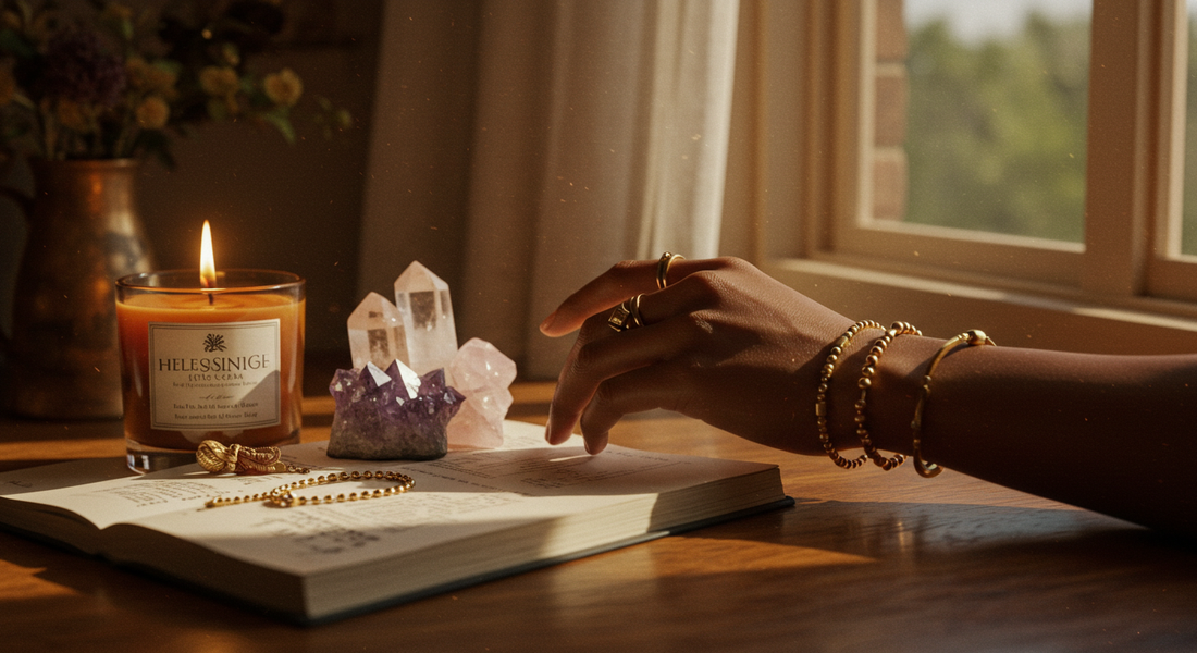 Black woman’s hand with journal, candle, and crystals — editorial lifestyle image for JvOR handmade jewelry and manifestation