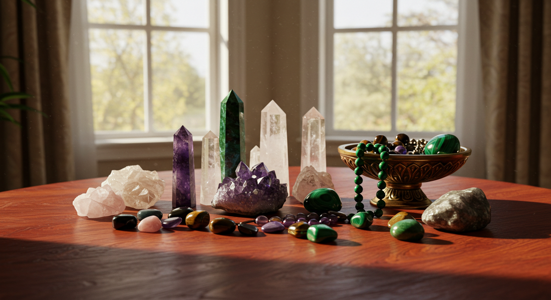 Cherry oak table with authentic crystal clusters and beads in natural light by a bay window