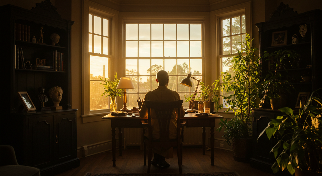 Bald Black woman sitting at a desk in front of a bay window, creative workspace during golden hour