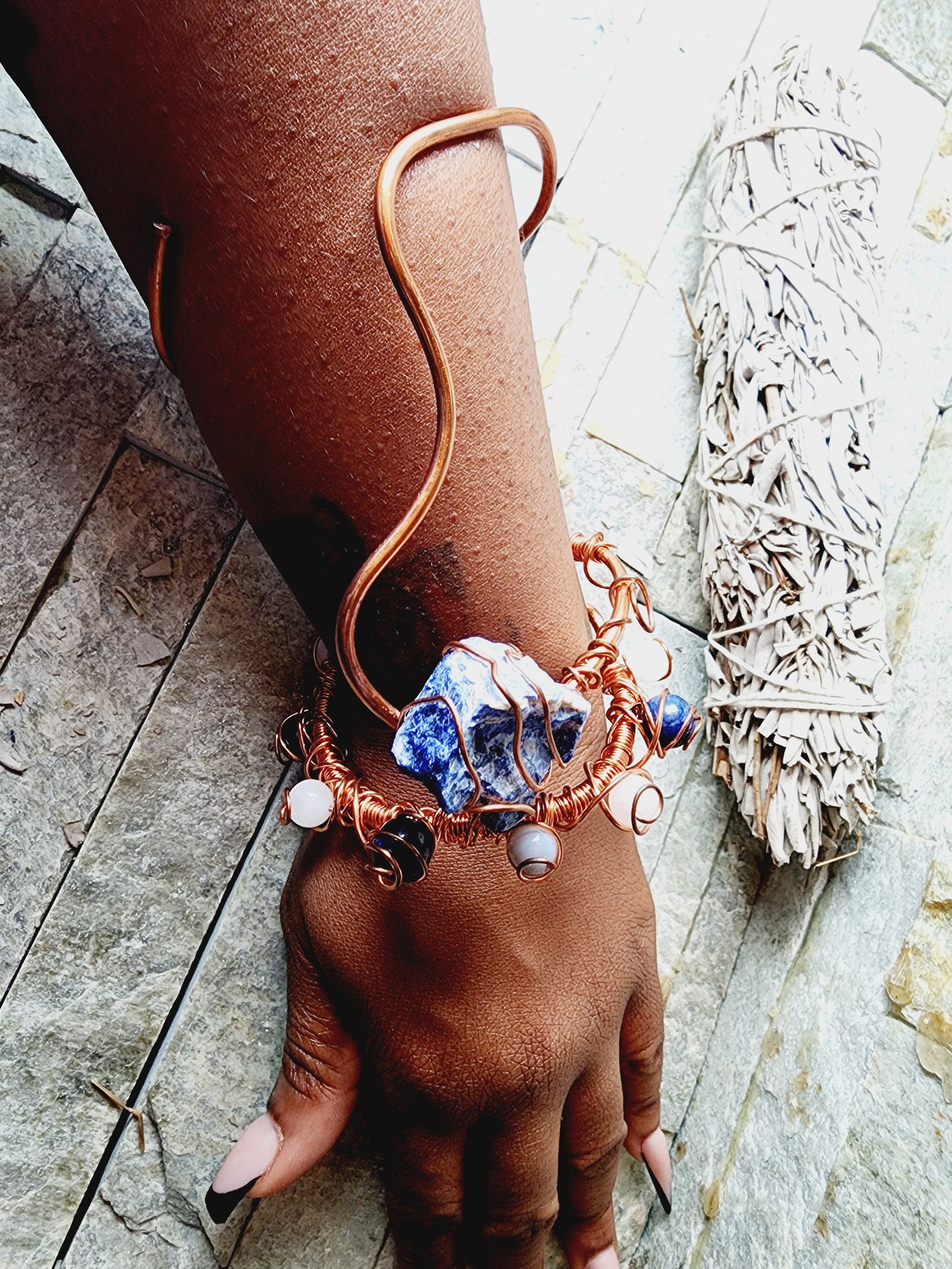 Oya | Celestial Harmony Bracelet: Lapis Lazuli, Blue Pyrite & Rose Quartz Fusion
