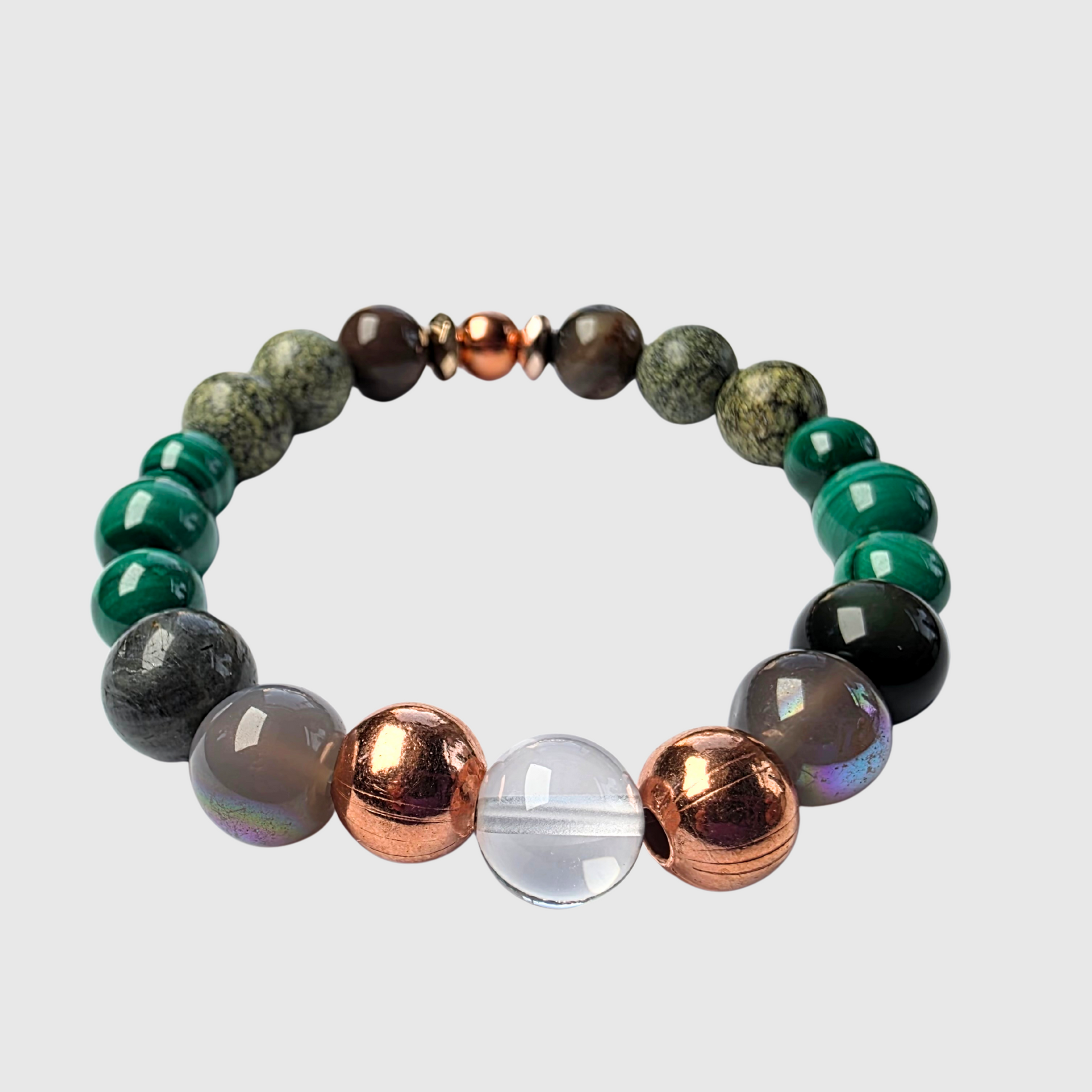 Handmade crystal bracelet with malachite, labradorite, moonstone, serpentine jade, petrified wood, clear quartz, and copper beads – JvOR jewelry