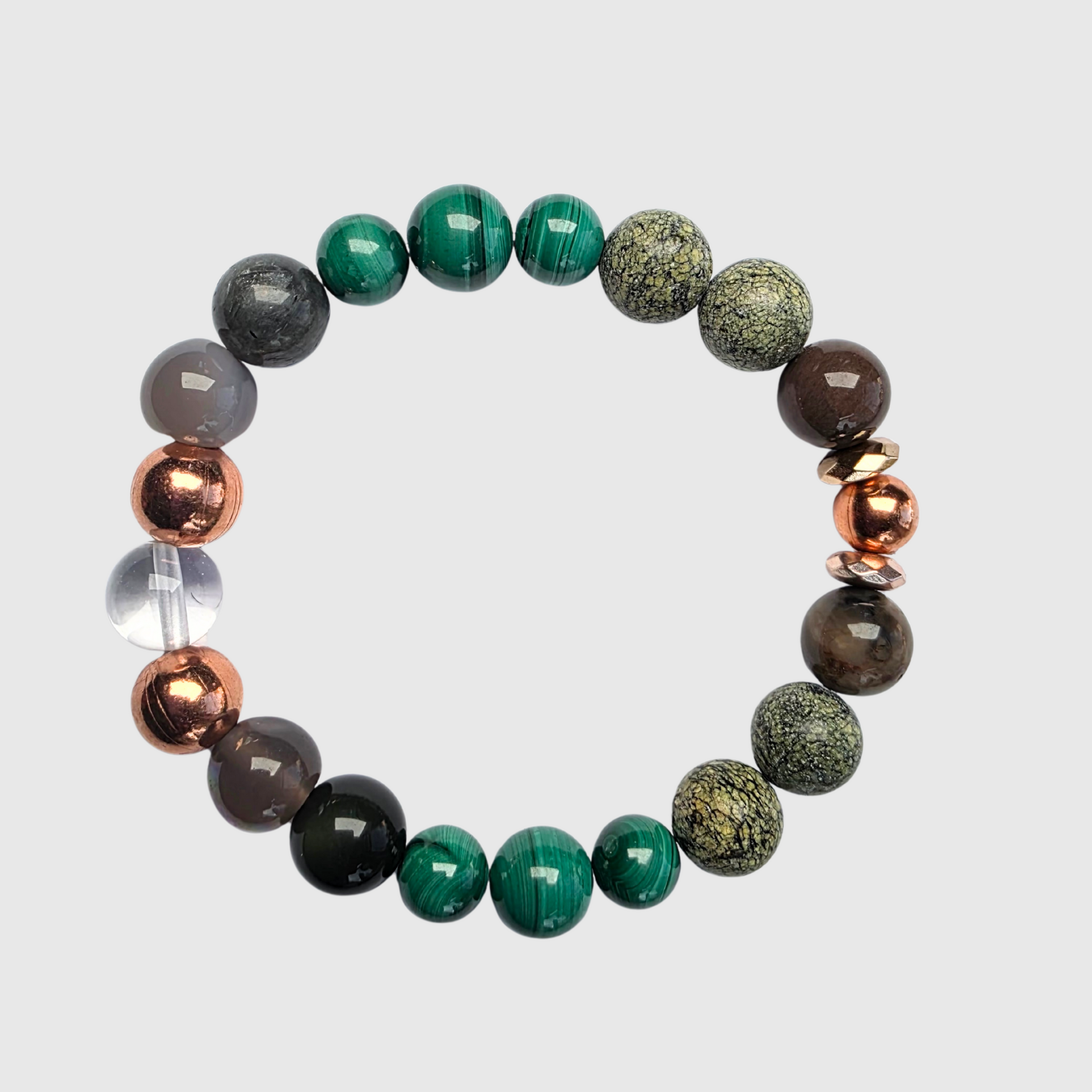 Handmade crystal bracelet with malachite, labradorite, moonstone, serpentine jade, petrified wood, clear quartz, and copper beads – JvOR jewelry