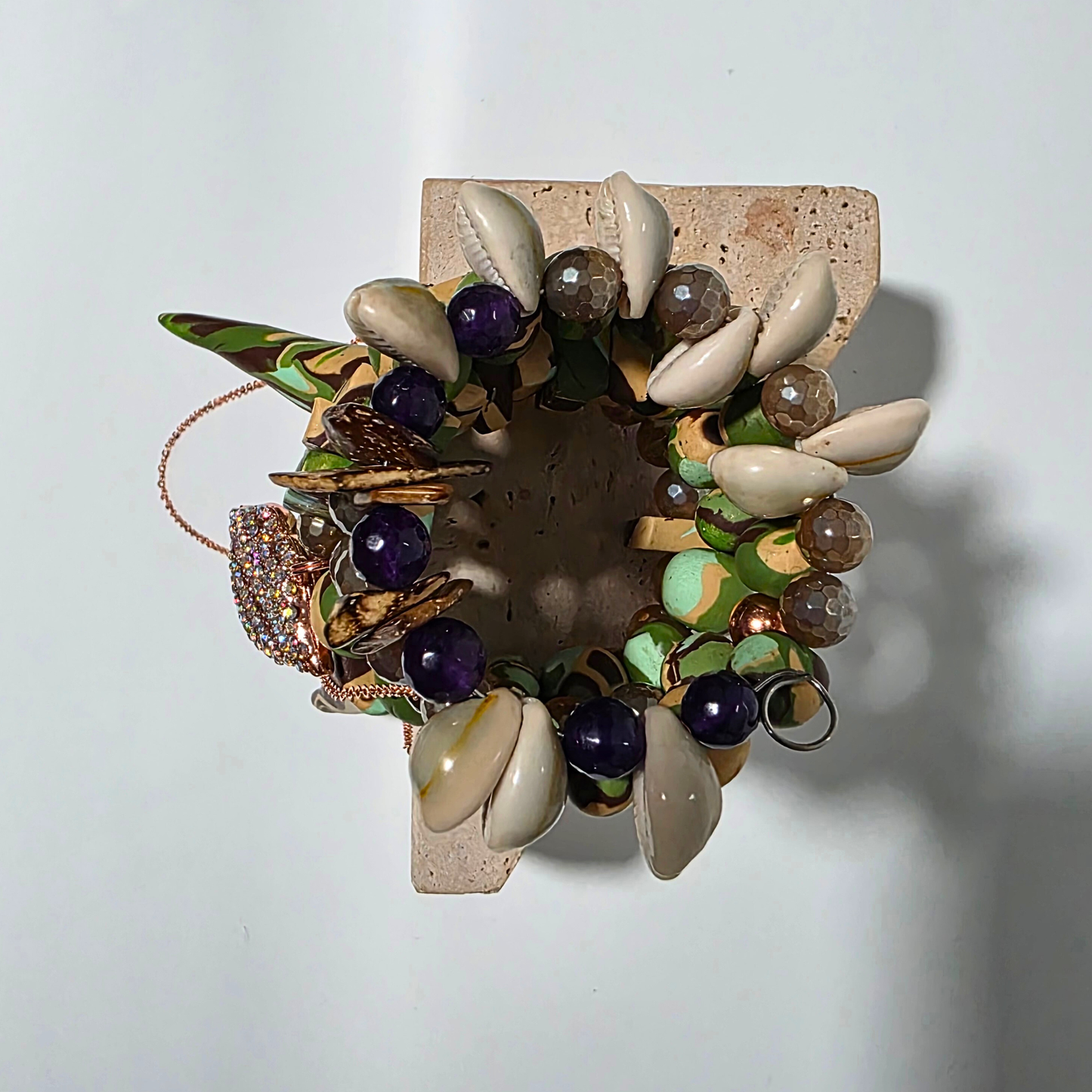 Handmade camo clay statement bracelet with spike accents and rhinestone charms