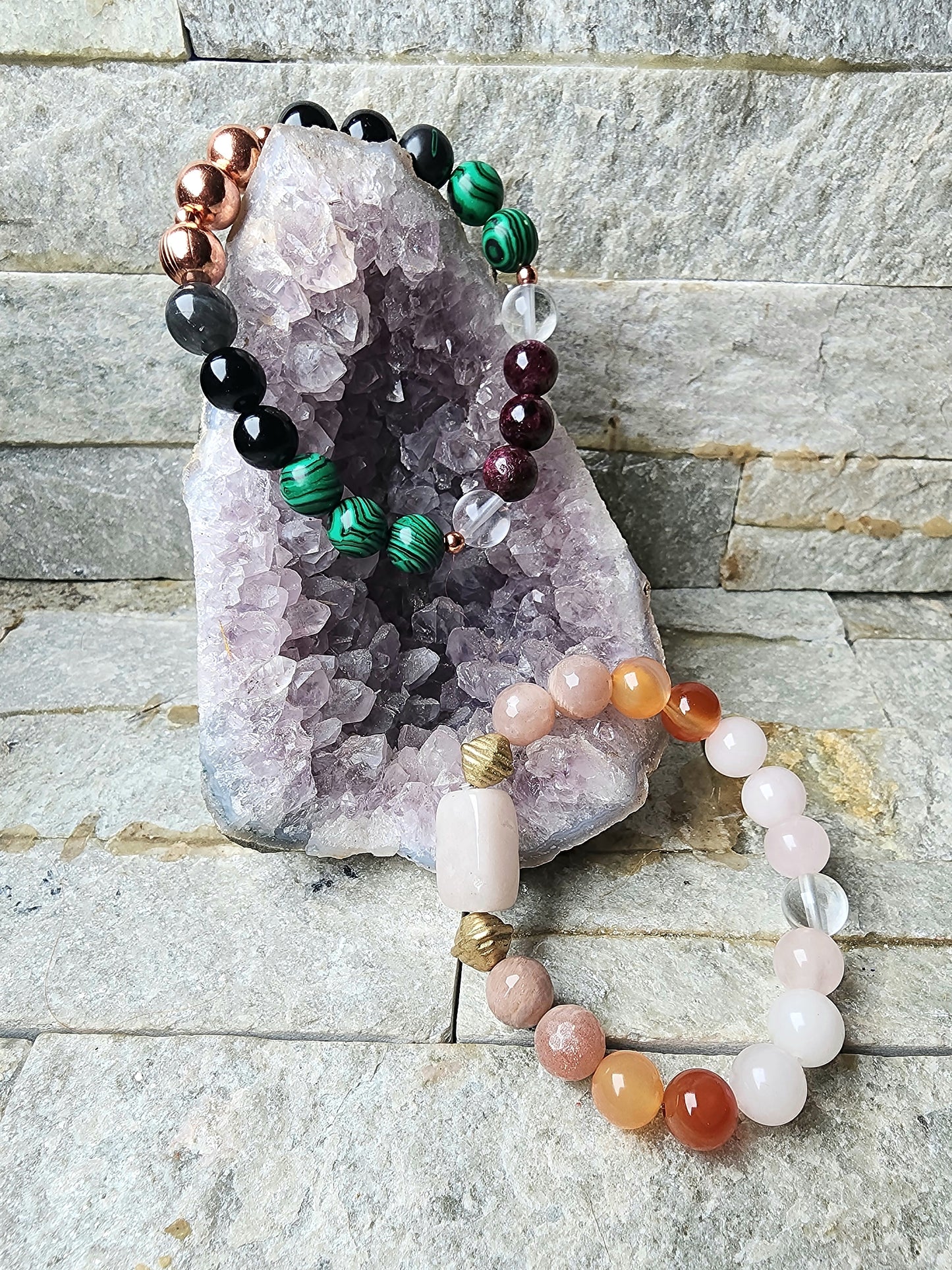 Elysian and Ember Shield crystal bracelet duo with carnelian, rose quartz, tourmaline, and labradorite for love, clarity, protection, and energetic balance