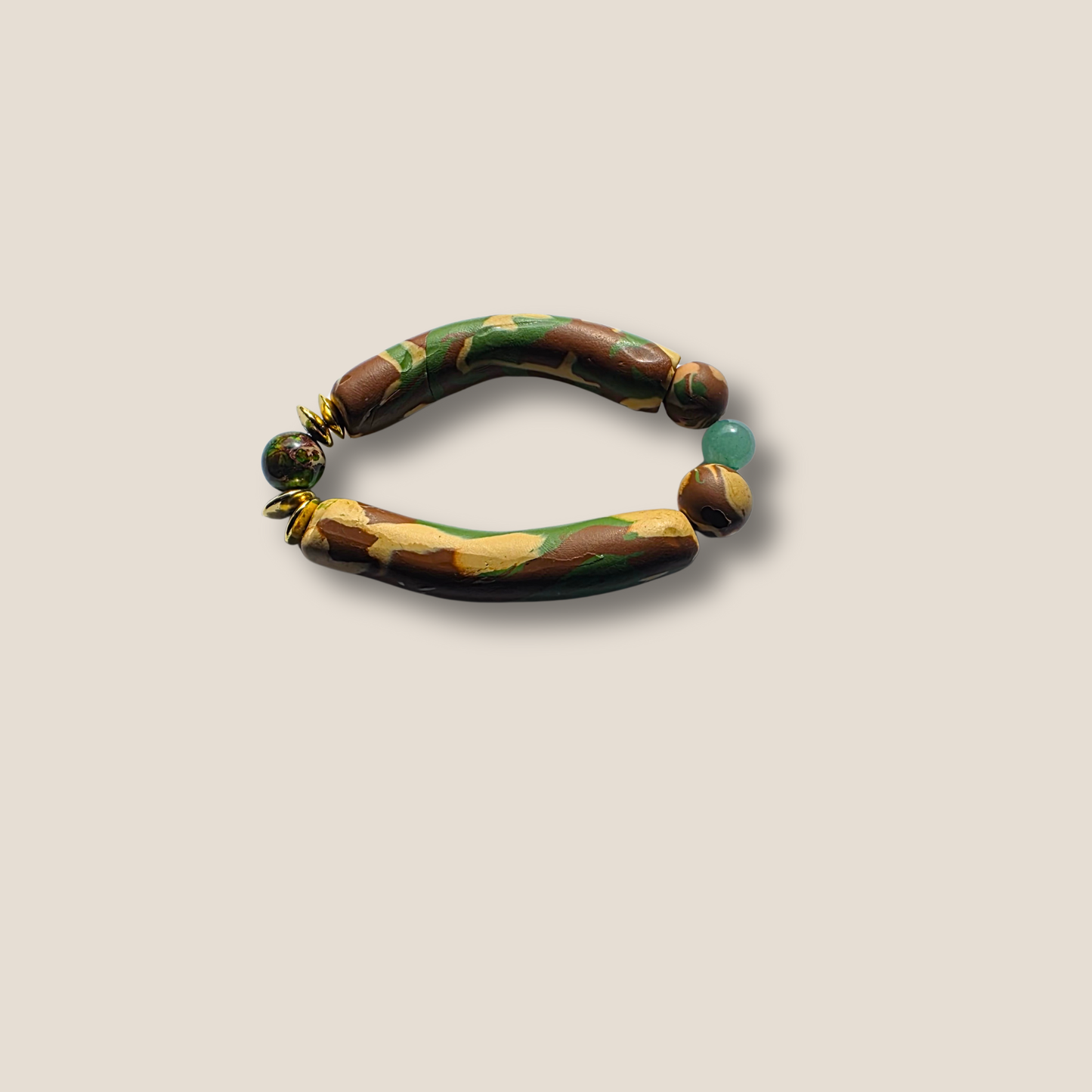 JvOR x Lavish Sewciety Field Luxe camo polymer clay bracelet with Hematite, Imperial Jasper, and Green Aventurine handmade collaboration jewelry.