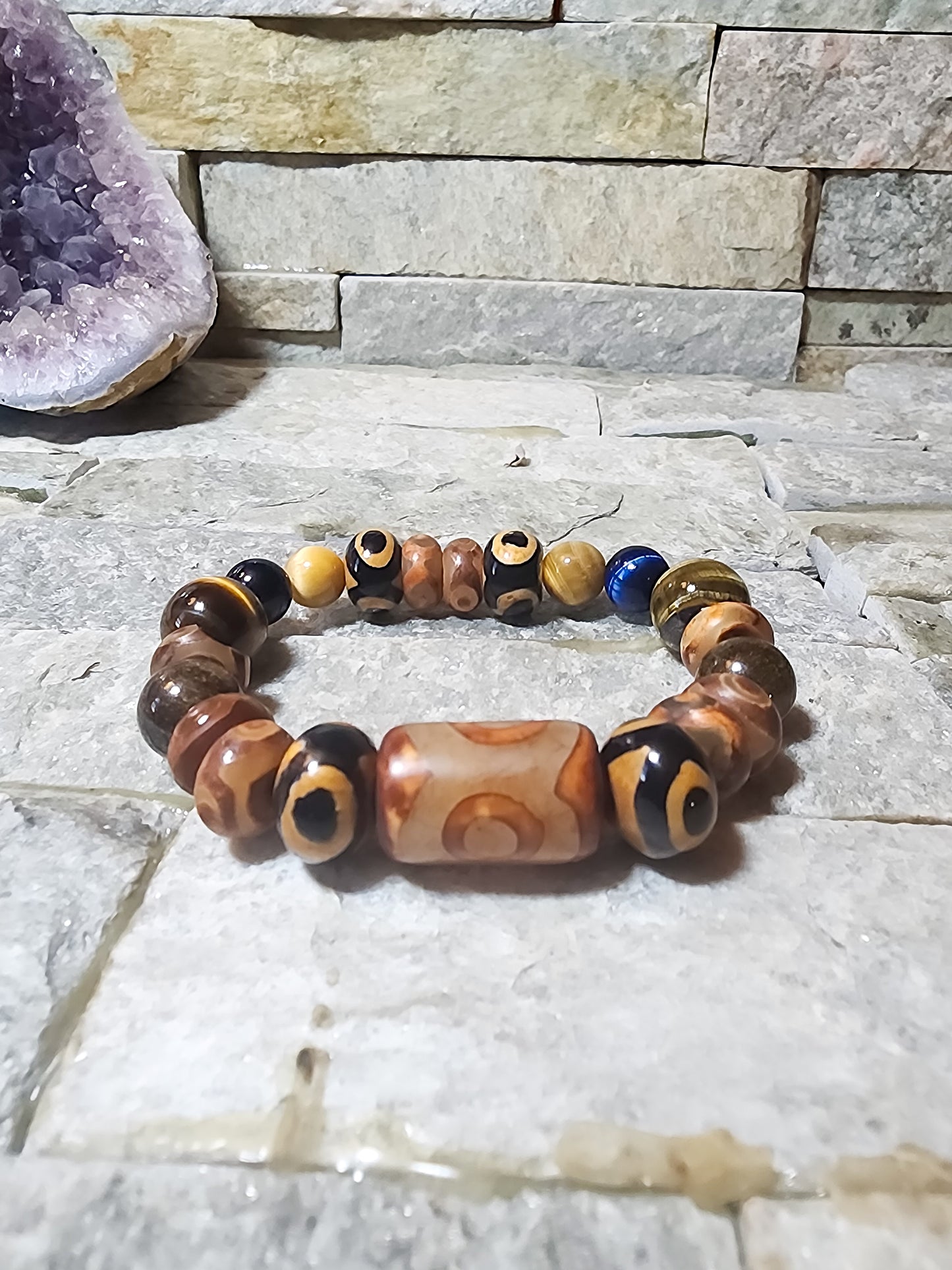 Guardian of Power crystal bracelet with tiger’s eye, bronzite, and Tibetan agate for protection, confidence, and spiritual strength