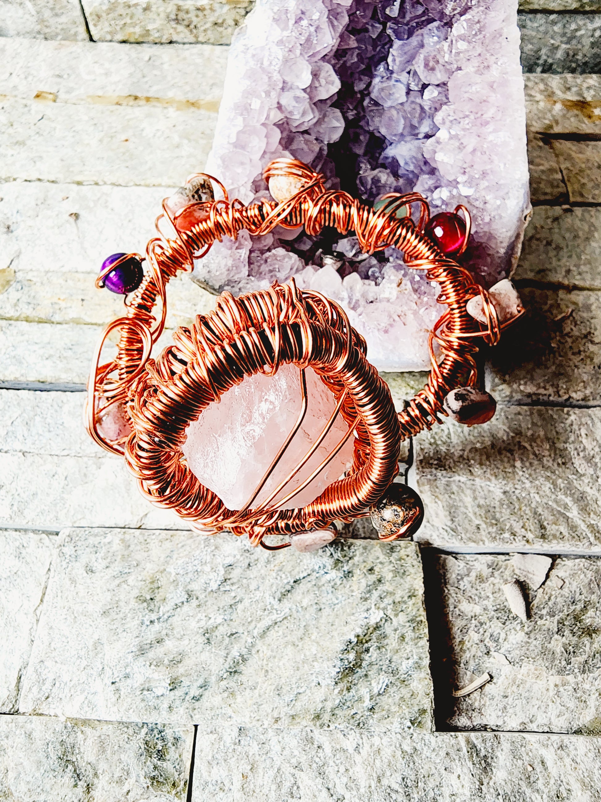 Handcrafted copper crystal jewelry set — wire-wrapped rings and bracelets designed for spiritual alignment, style, and energy elevation”