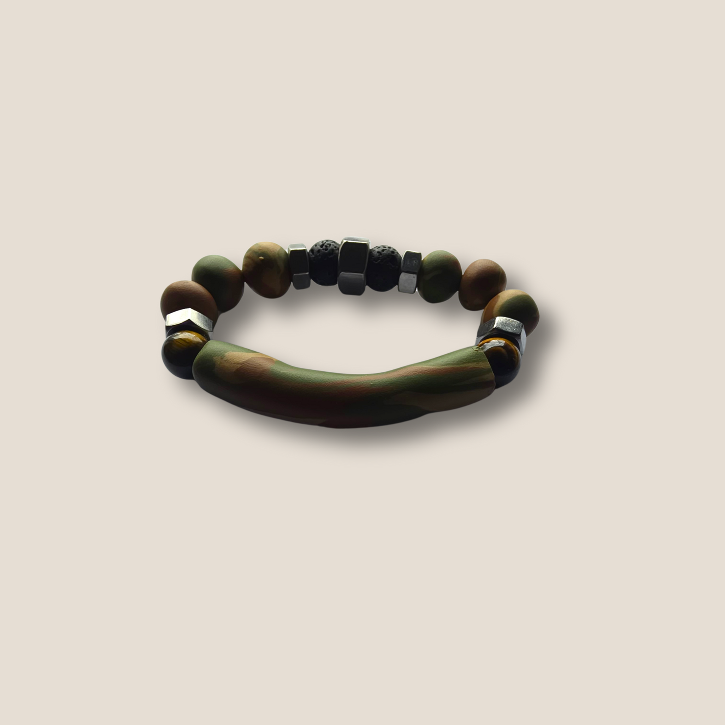 JvOR Hex The Vanguard handmade lava stone bracelet with stainless steel hex nut masculine unisex grounding jewelry.