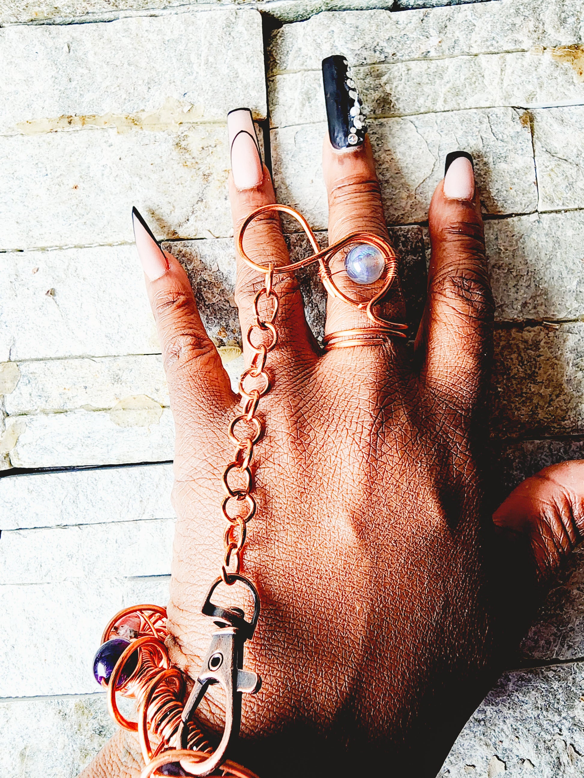 Copper ring and bracelet chain set designed for full energy immersion - blending raw copper with crystal clarity and creative style.