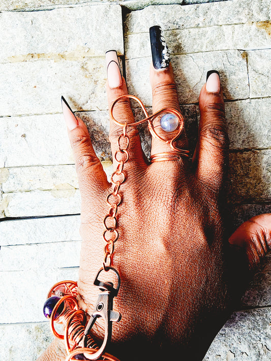Copper ring and bracelet chain set designed for full energy immersion - blending raw copper with crystal clarity and creative style.