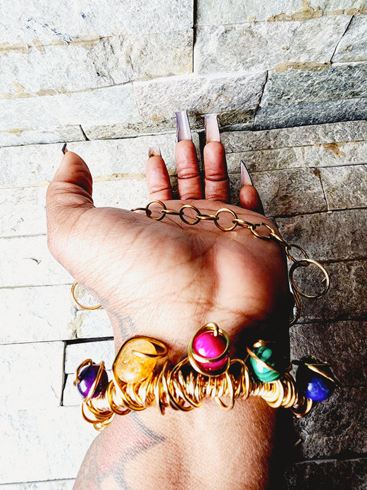 Handcrafted copper crystal jewelry set — wire-wrapped rings and bracelets designed for spiritual alignment, style, and energy elevation”