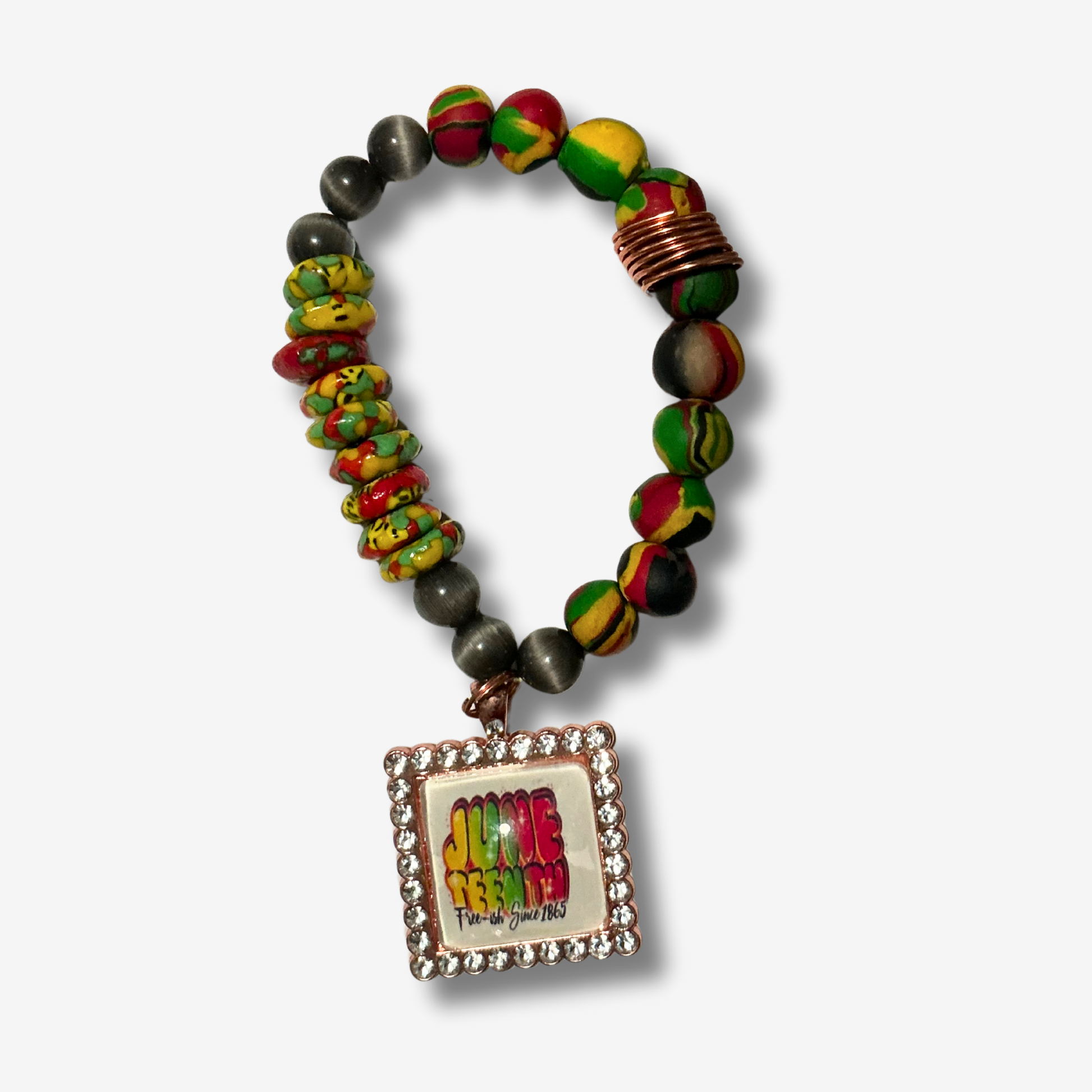 Handcrafted bracelet blending authentic crystals and polymer clay beads, designed for powerful energy and bold style