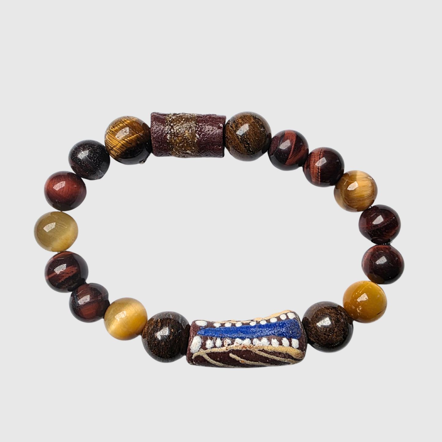 Tiger’s Eye and Bronzite men’s bracelet featuring African Krobo bead tube and copper accents