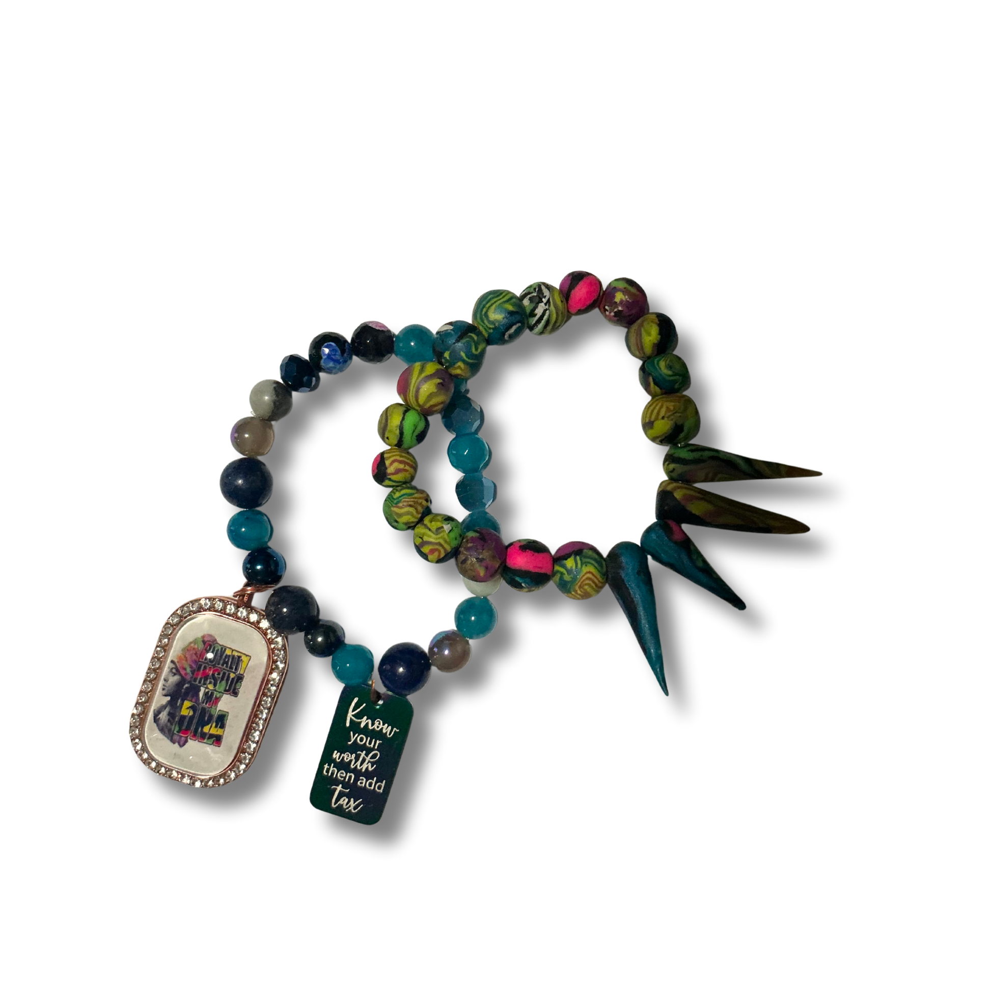 Handcrafted bracelet blending authentic crystals and polymer clay beads, designed for powerful energy and bold style