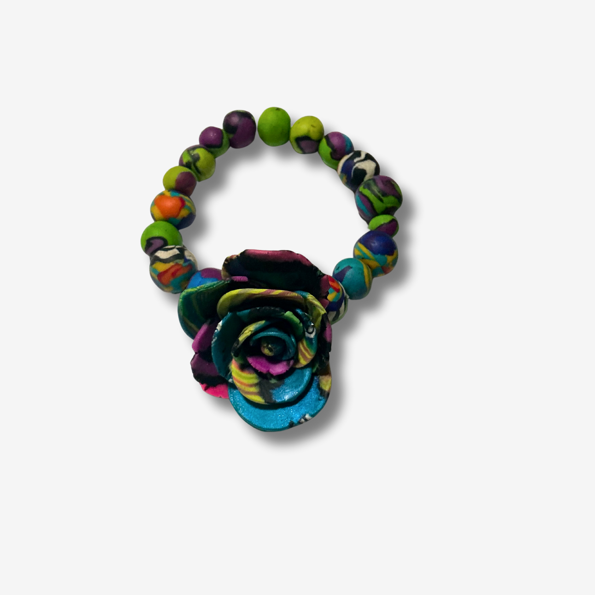 Bold handmade polymer clay bracelet with vibrant colors, featuring statement beads and some designs with spiked accents, AND ROSES.