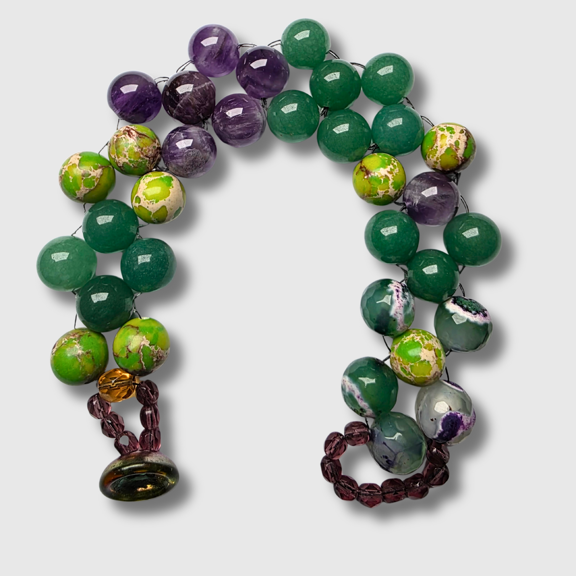 Imperial Jasper, Agate & AMETHYST beaded bracelet sewn with needle and thread, featuring a cup button clasp and seed beads — handcrafted by JvOR