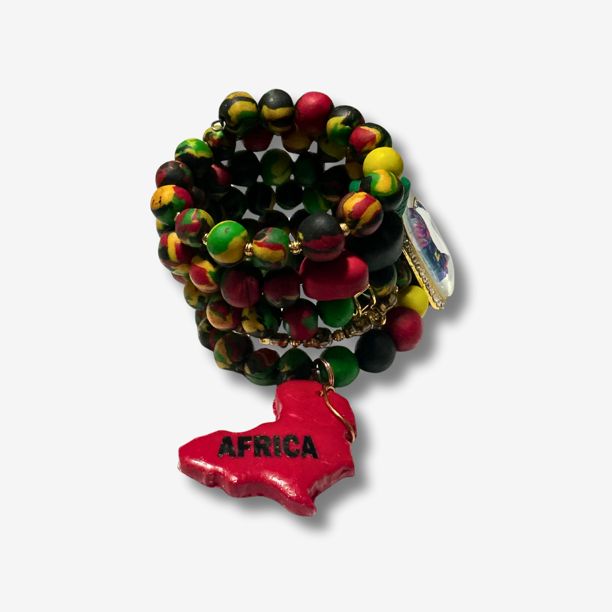 Handmade Pan-African wrap bracelet with red, black, and green clay beads, five loops, and charms featuring affirmations, prayers, and Bible verses.