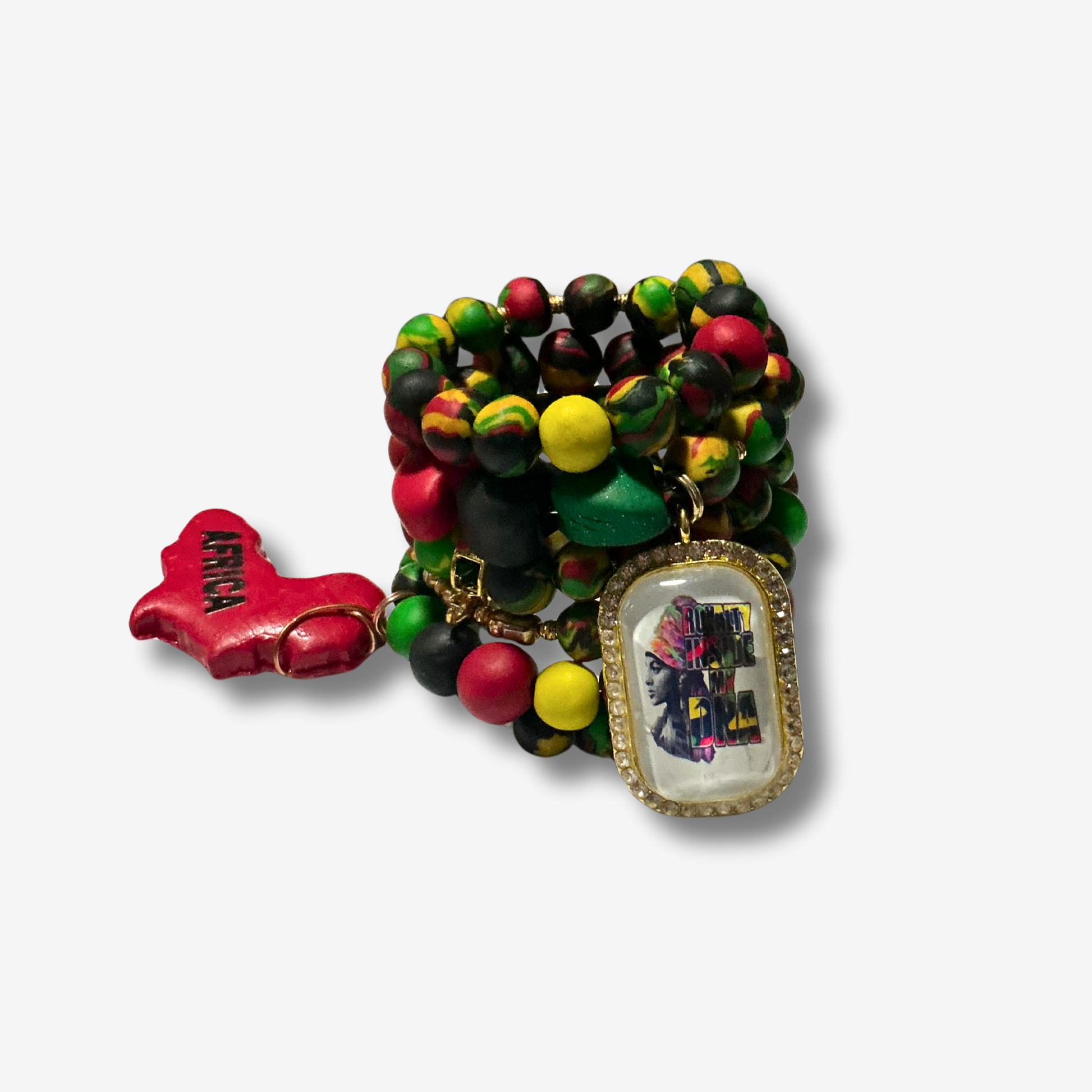 Handmade Pan-African wrap bracelet with red, black, and green clay beads, five loops, and charms featuring affirmations, prayers, and Bible verses.