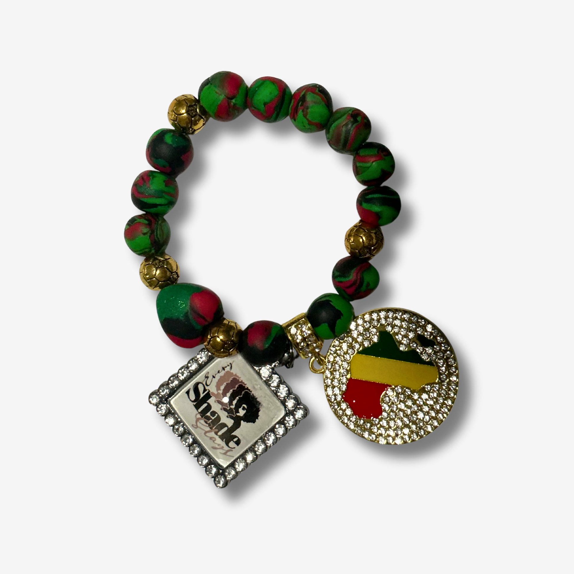 Handmade Pan-African polymer clay bracelet in red, black, and green beads, with copper coils and charms for women