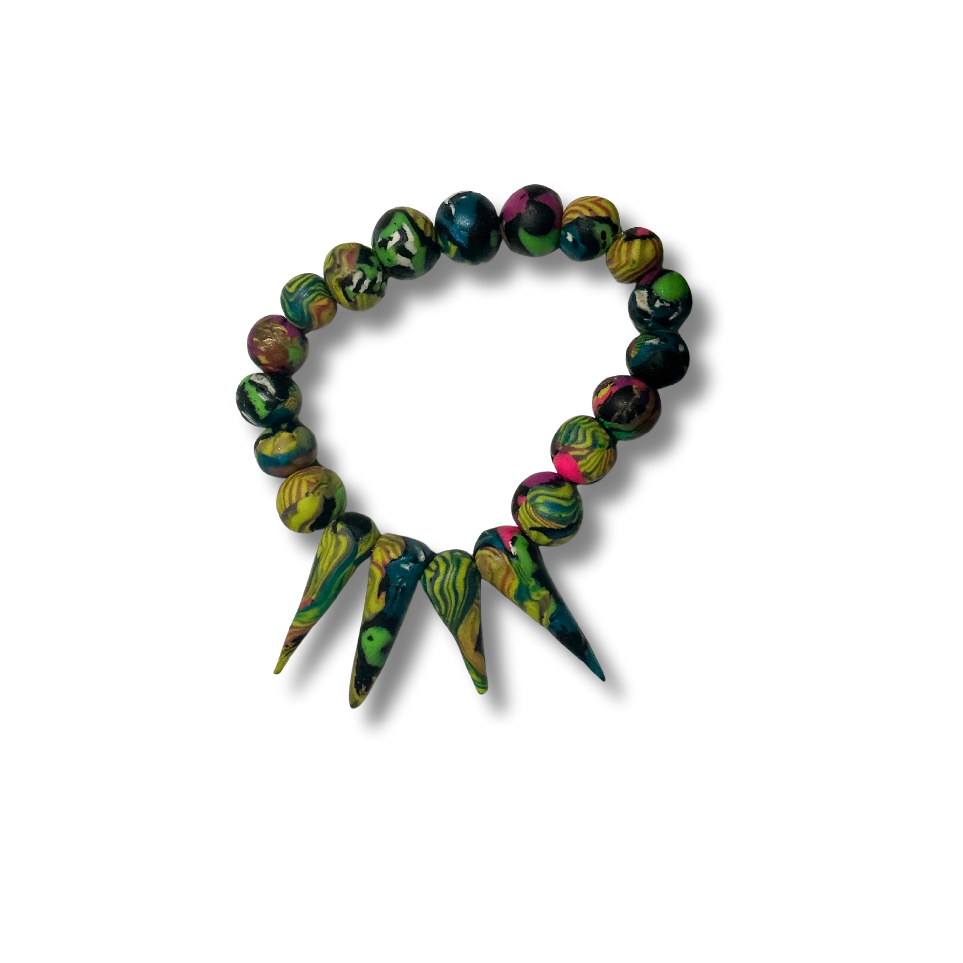 Bold handmade polymer clay bracelet with vibrant colors, featuring statement beads and some designs with spiked accents.
