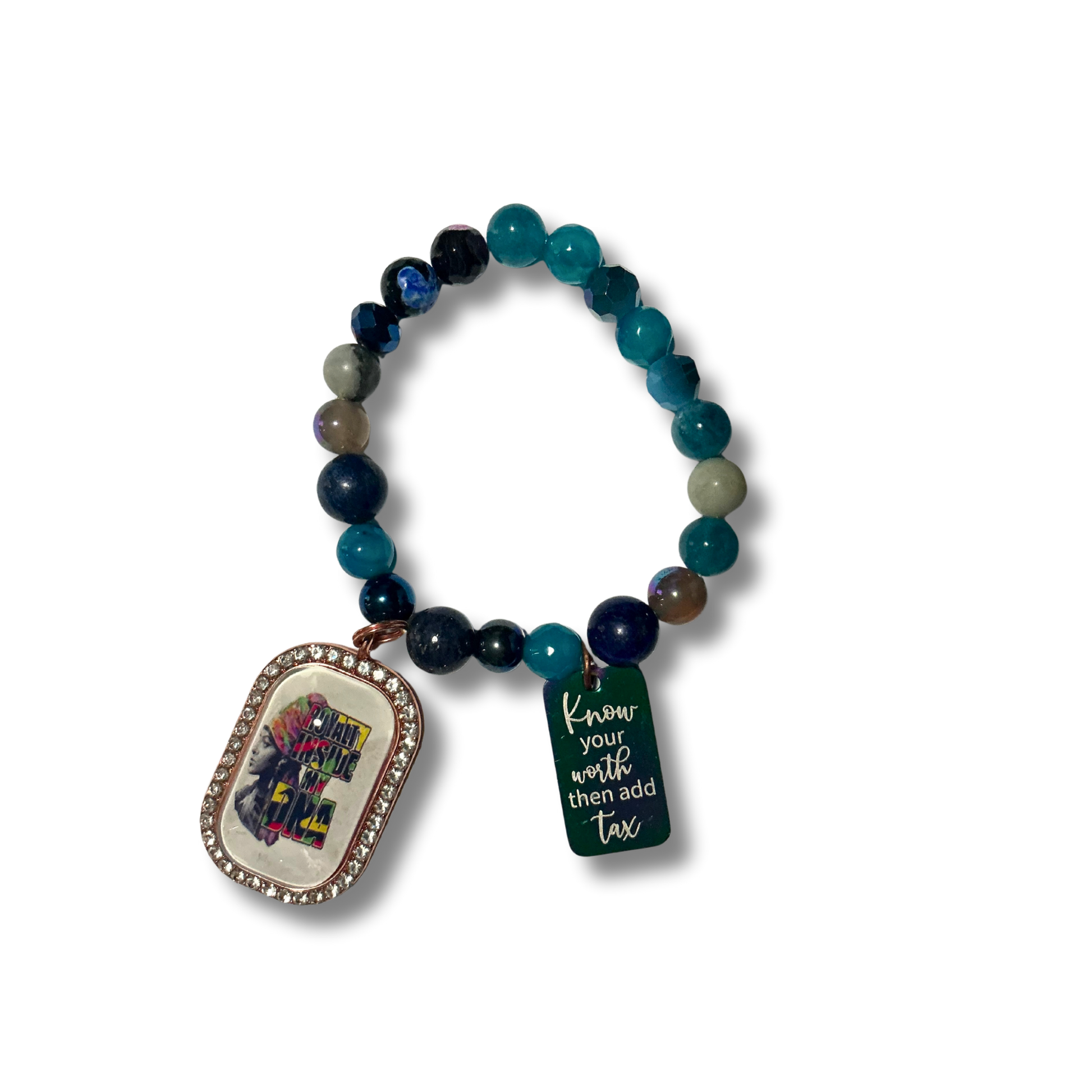 Handmade crystal bracelet with lapis, apatite, and agate crystals with 1 stainless steel metal charm and 1 picture tray charm.