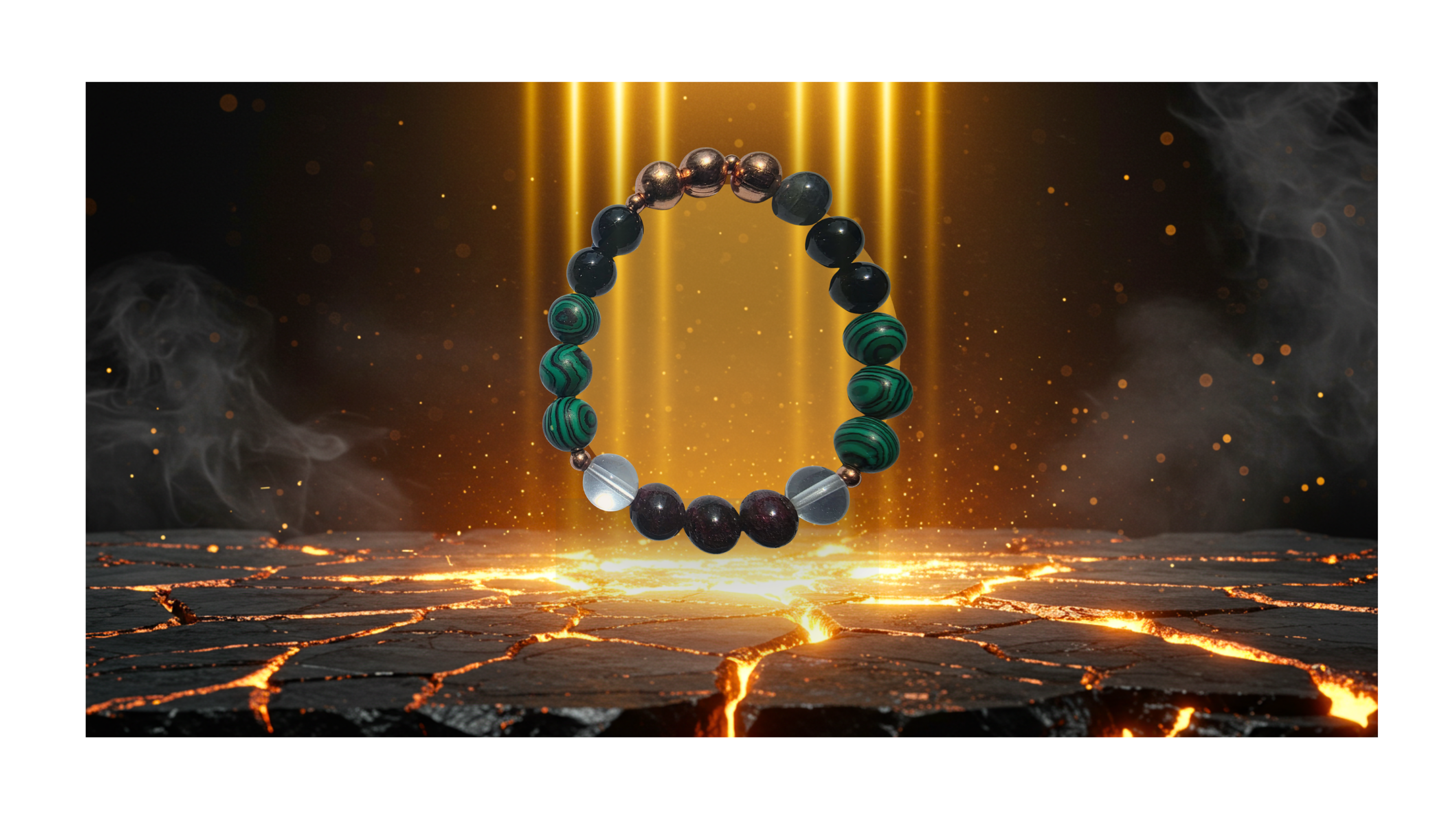 JvOR Rebirth Bracelet hero image with radiant spotlight, handcrafted crystal bracelet symbolizing transformation and renewal, luxury editorial background