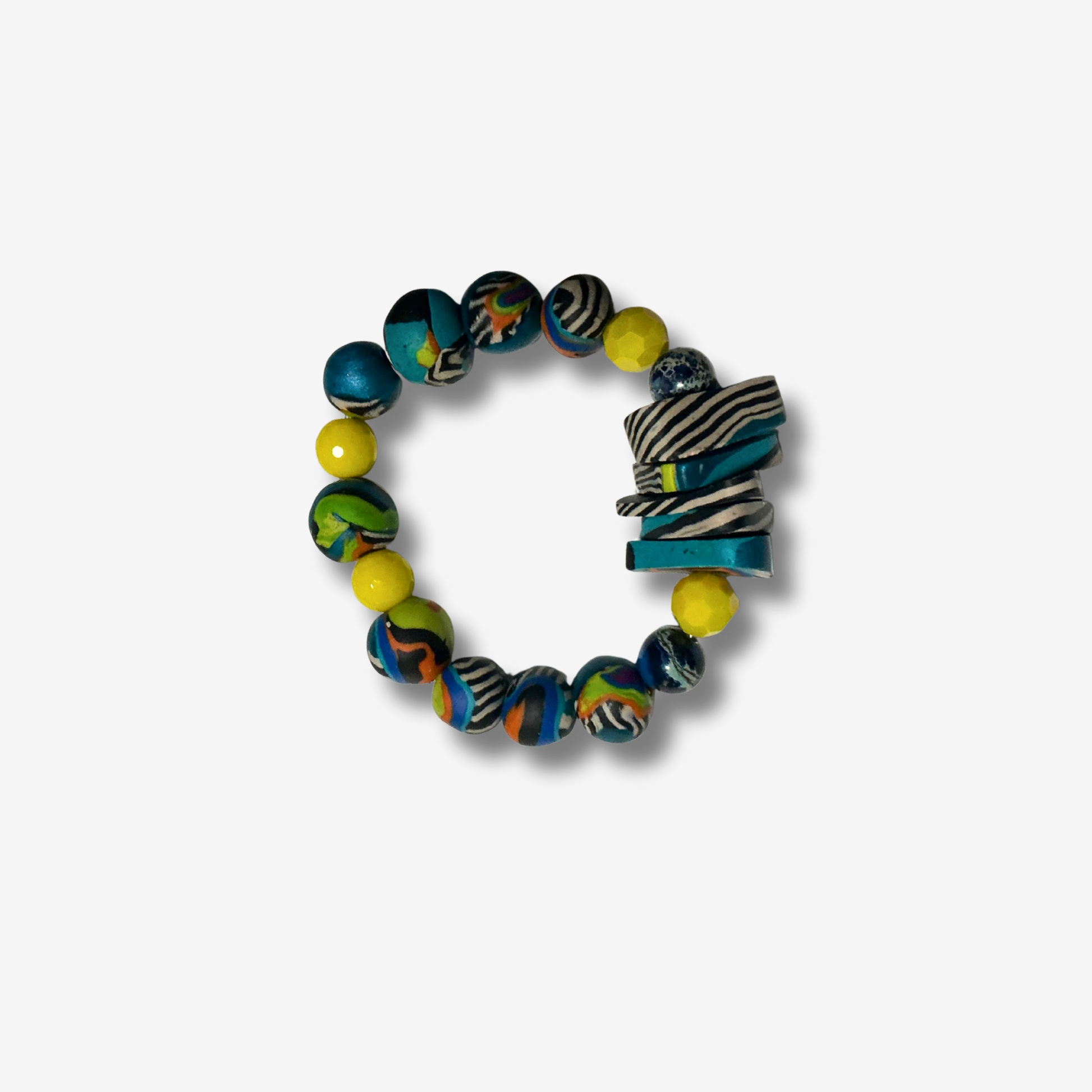 Handcrafted bracelet blending authentic crystals and polymer clay beads, designed for powerful energy and bold style.