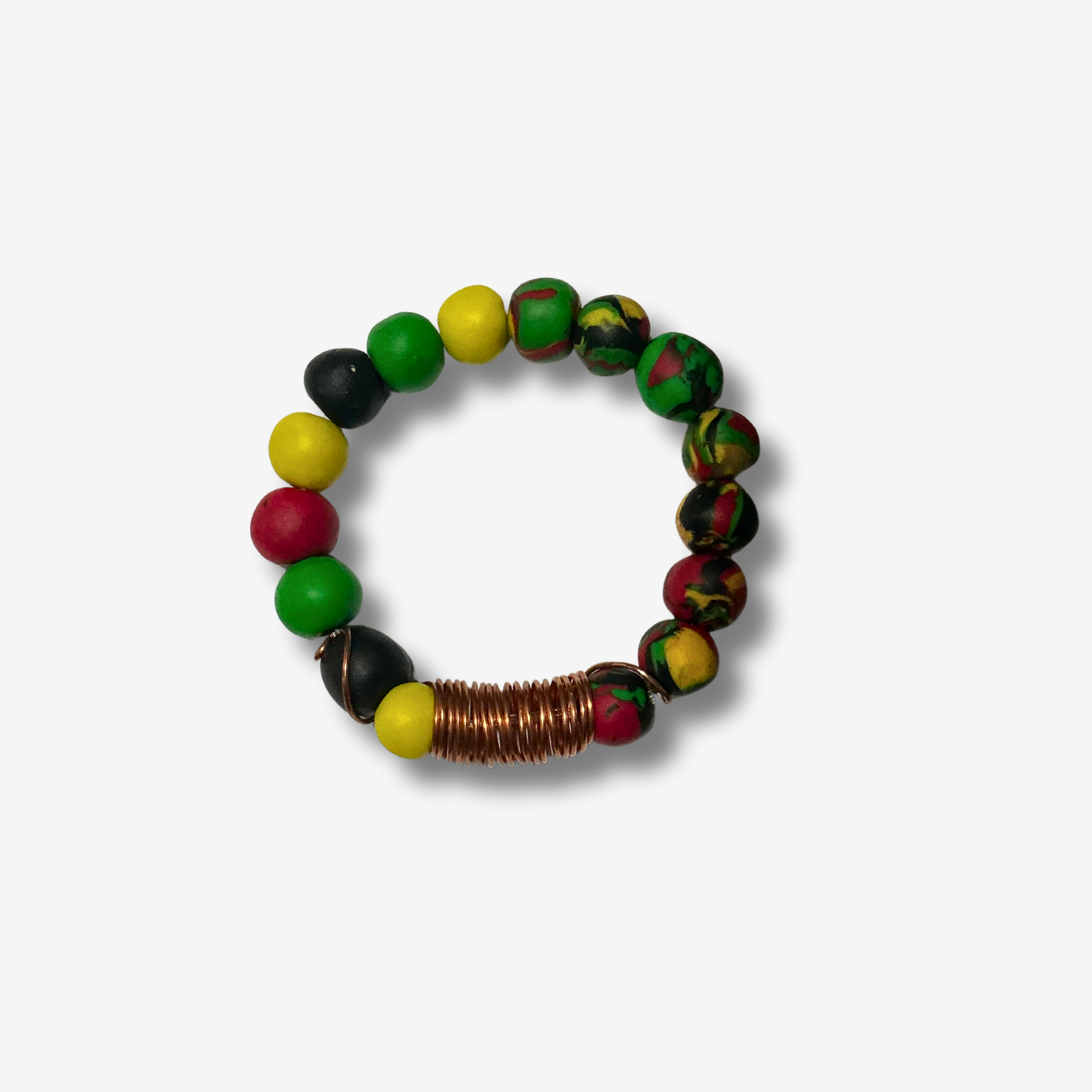 Handmade Pan-African polymer clay bracelet in red, black, and green beads, with copper coils and charms for women