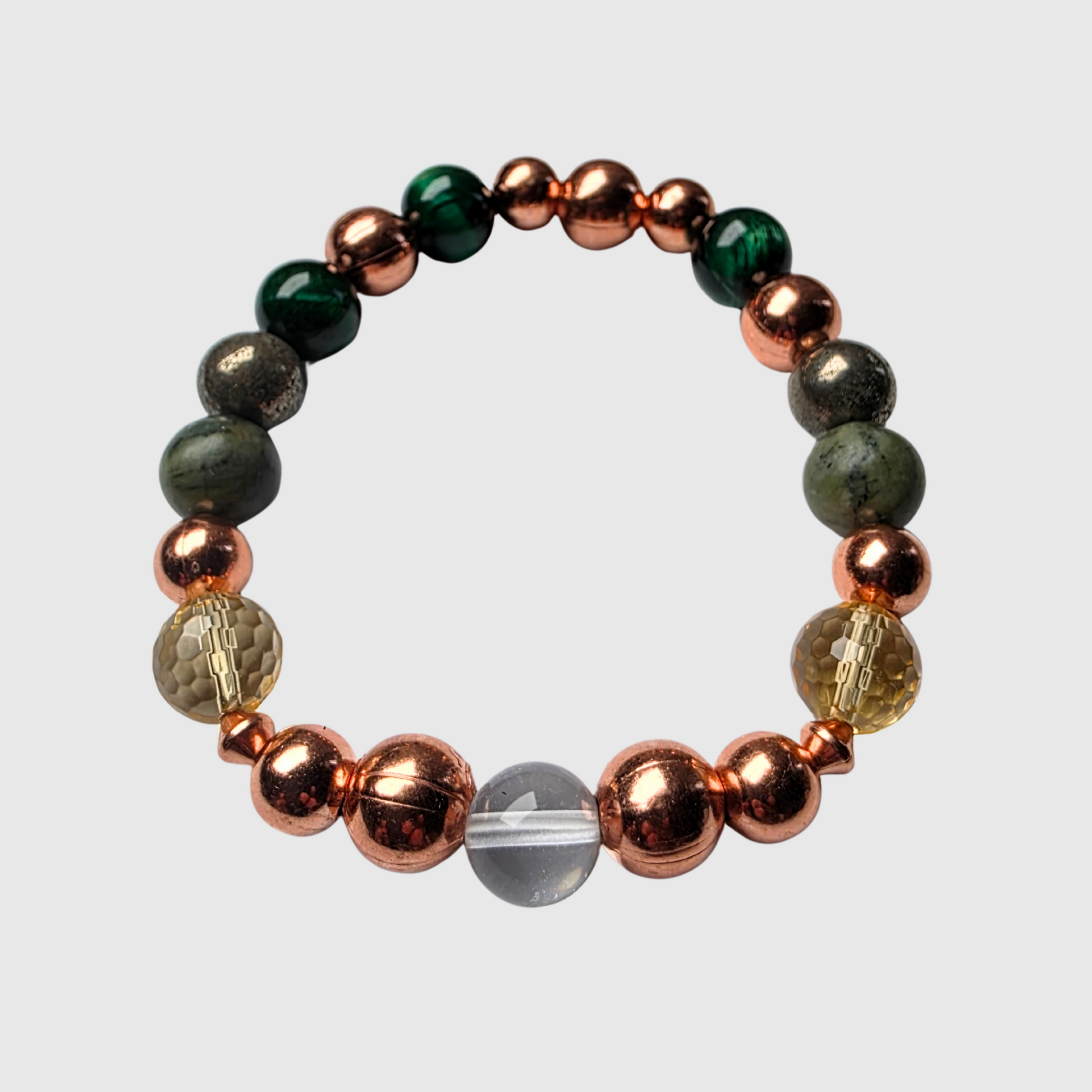 Prosperity bracelet with tiger’s eye, clear quartz, citrine, peridot, pyrite, and copper beads – abundance and success jewelry