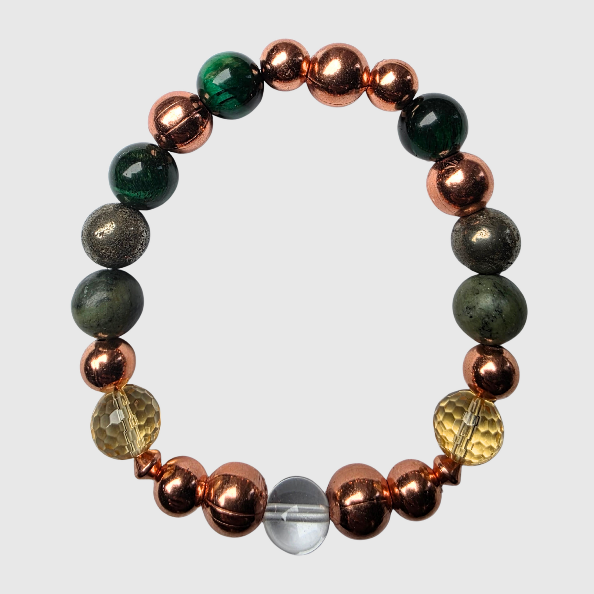 Prosperity bracelet with tiger’s eye, clear quartz, citrine, peridot, pyrite, and copper beads – abundance and success jewelry