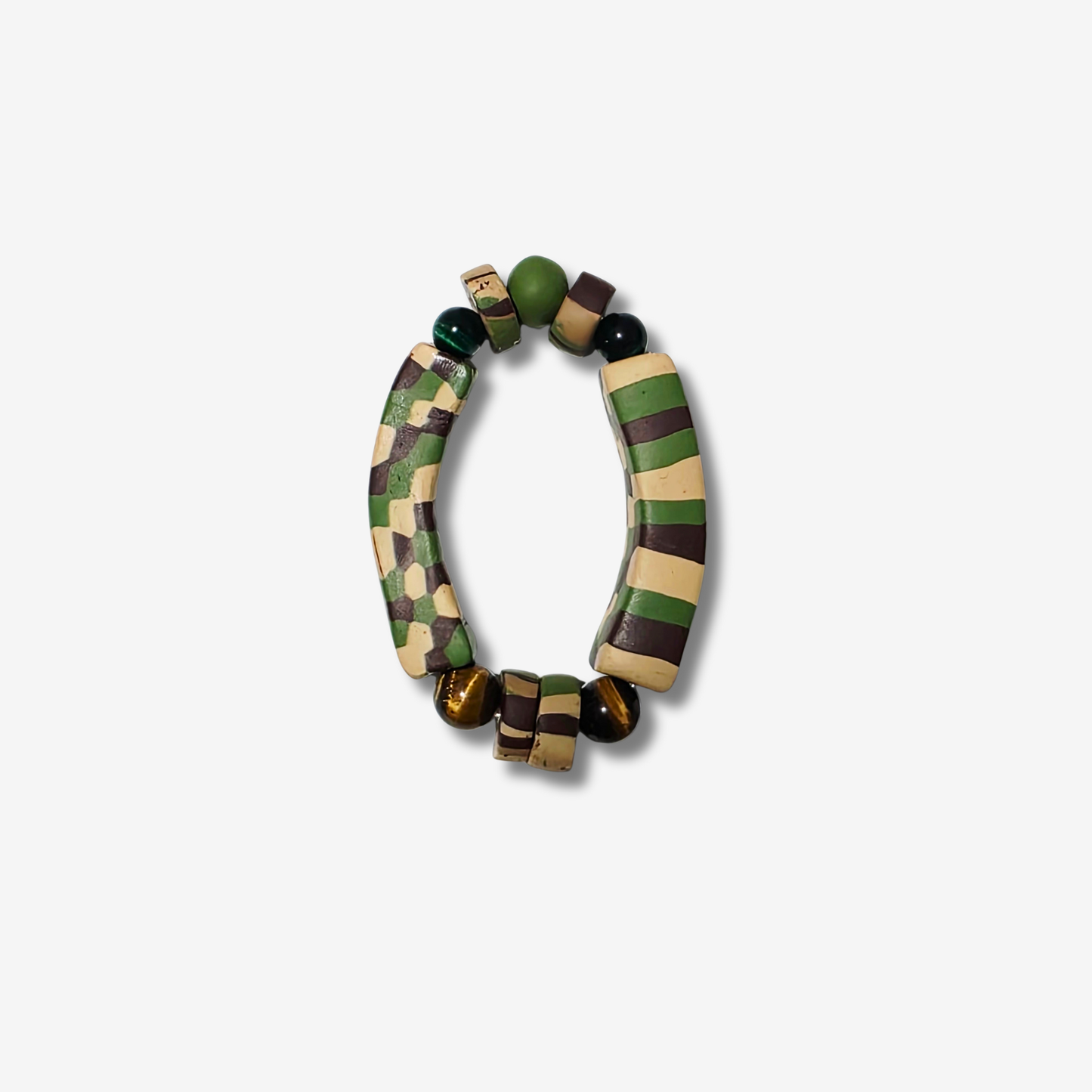 Handmade camo designed polymer clay bracelet with tigers eye crystal by JvOR