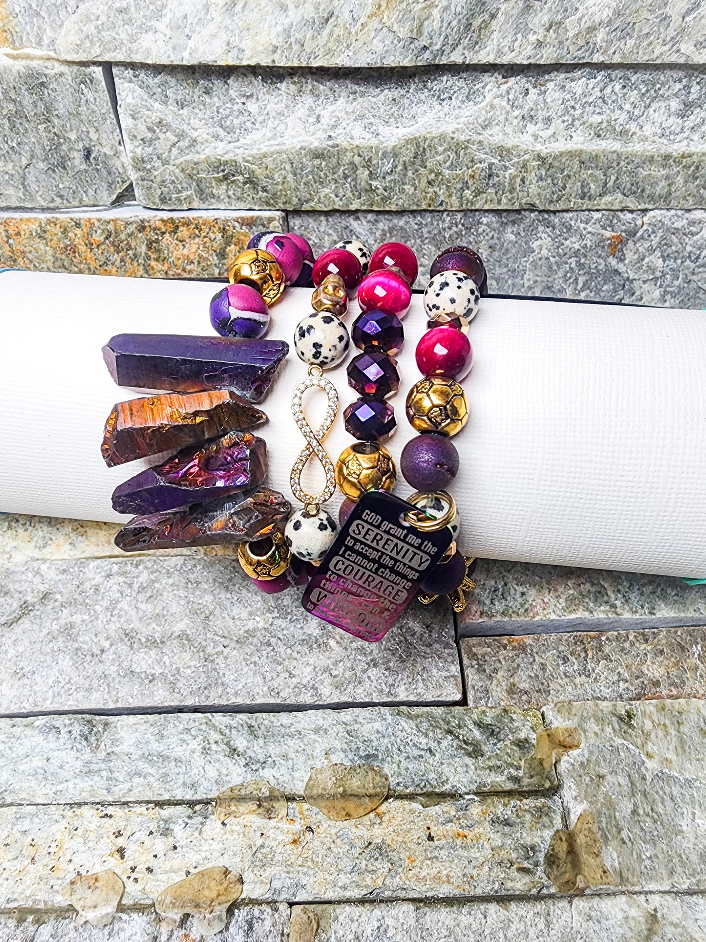 SERENITY CRYSTAL STACK IN EARTHY AND PURPLES & GOLDS - PEACEFUL, ELEGENT, & GROUNDING HANDCRAFTED JEWELRY.