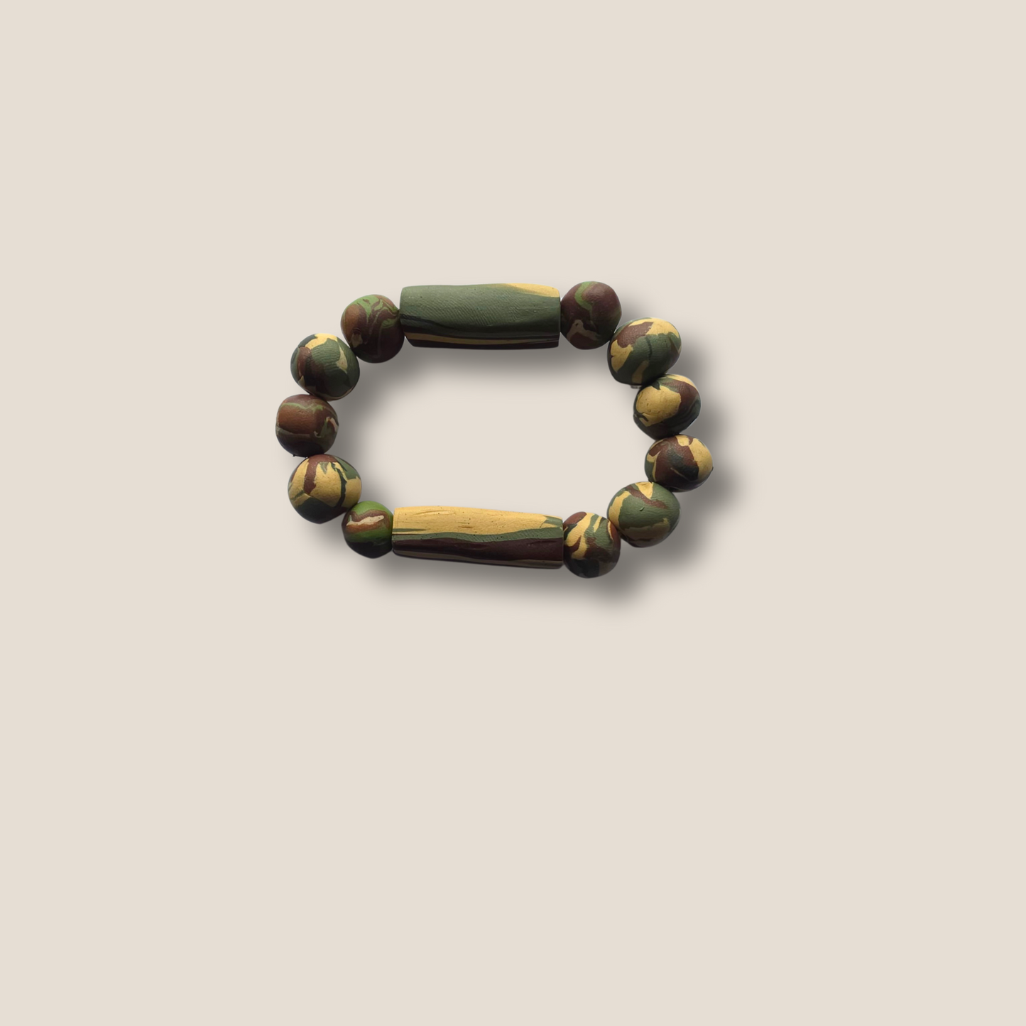 JvOR Test Run handmade polymer clay camo bracelet — one-of-a-kind artisan jewelry from the Unscripted Luxe Collection.