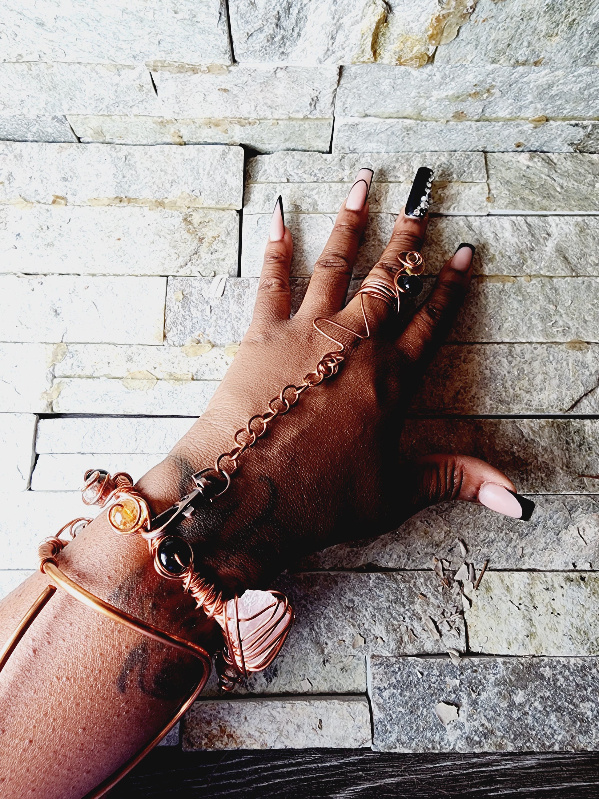 DELICATE COPPER AND CRYSTAL BRACELET AND RING SET NAMED ULANI - SYMBOLIZING DIVINE GRACE, FLOW, AND FEMININE ENERGY IN MOTION