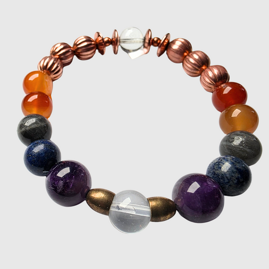 Creative empowerment bracelet with carnelian, labradorite, lapis, amethyst, clear quartz, and copper beads – visionary statement jewelry