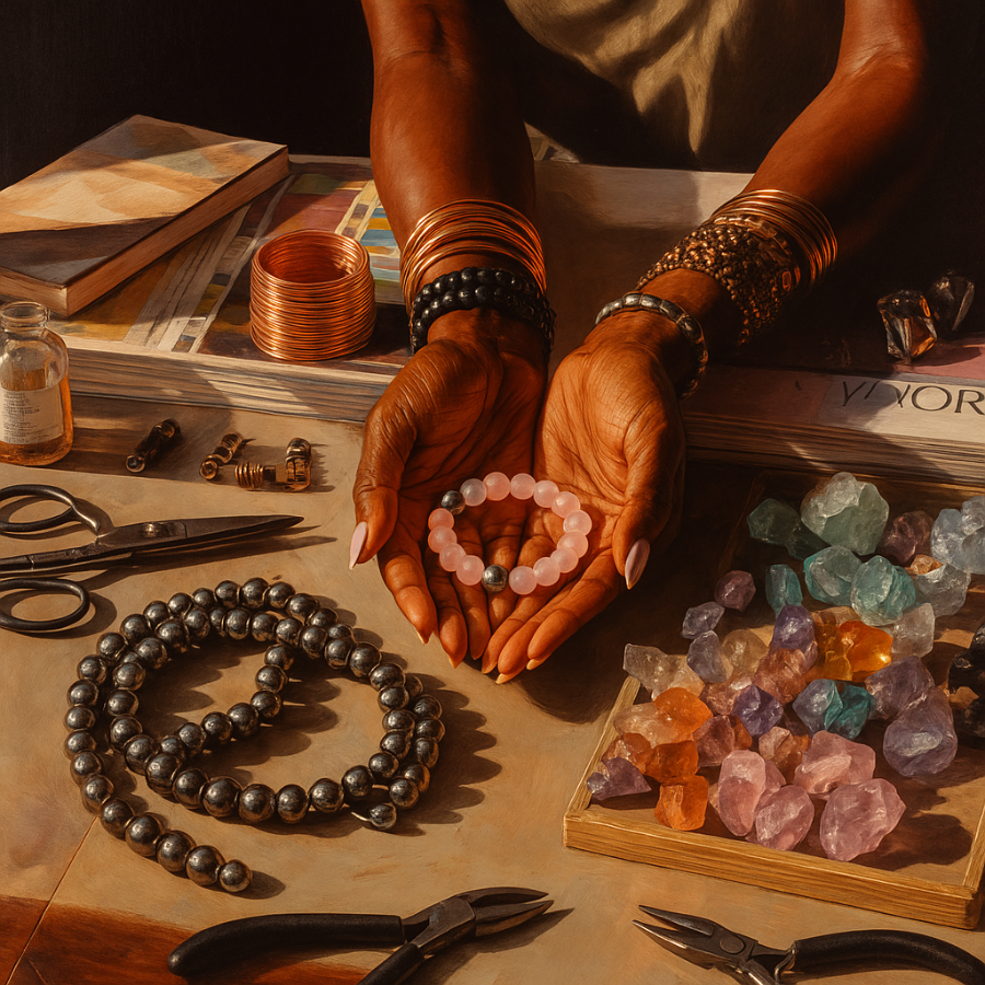 Hands holding a bracelet with beads on a table with jewelry-making tools and materials.