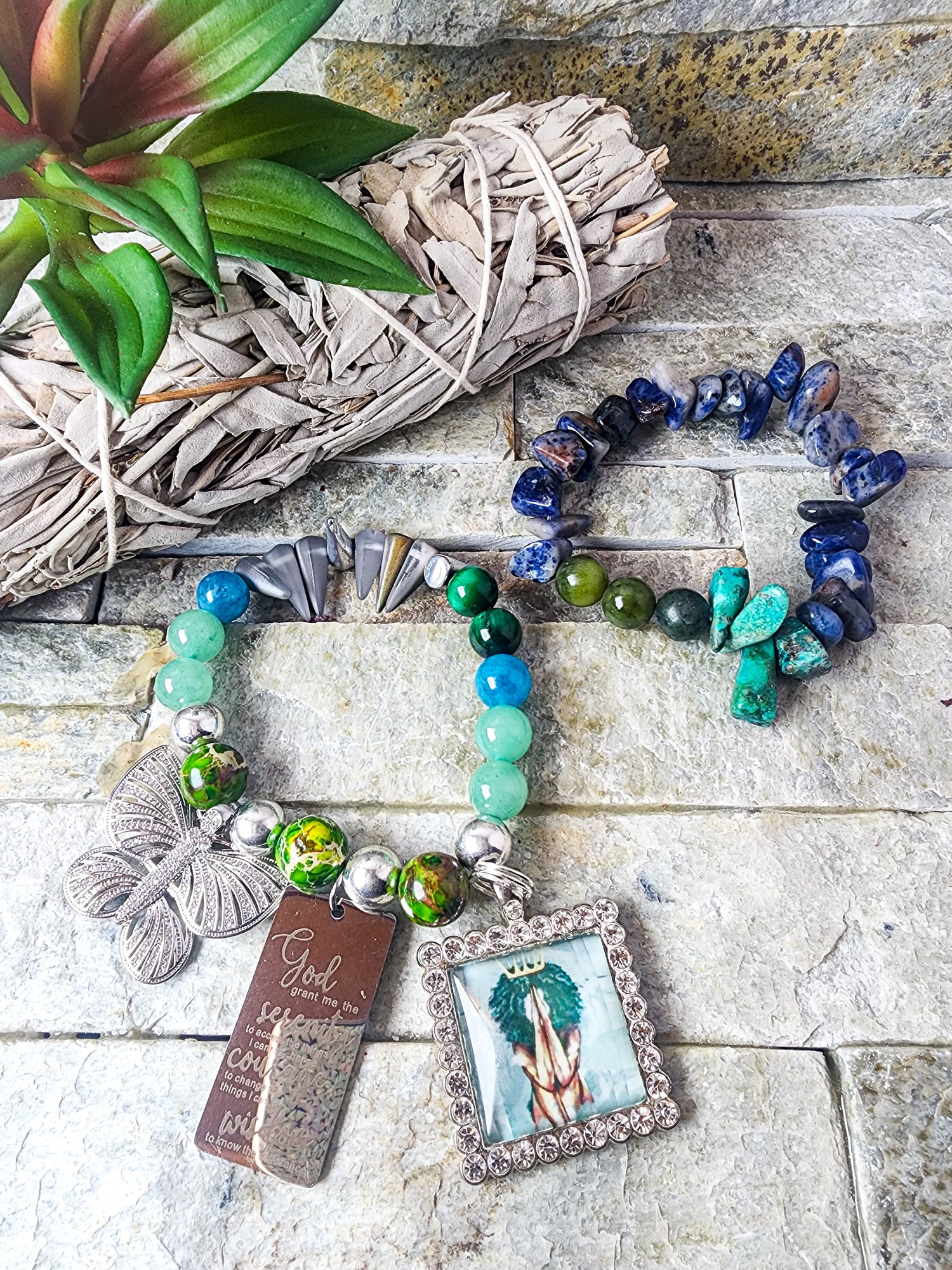 Two-stack handmade crystal bracelet set featuring stainless steel charms and a personalized photo charm, designed for bold, artistic expression and meaningful style."