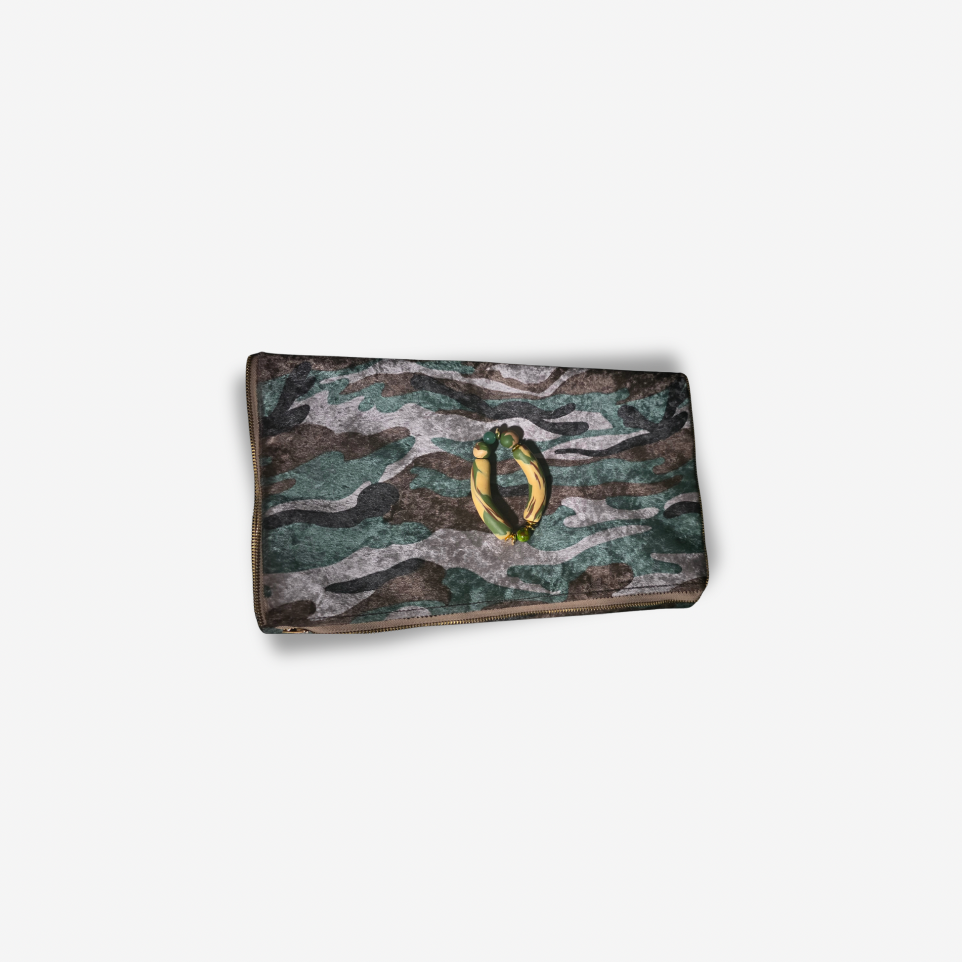 JVOR x Lavish Society Armory Lux camo clutch with handmade camo bracelet on white background”