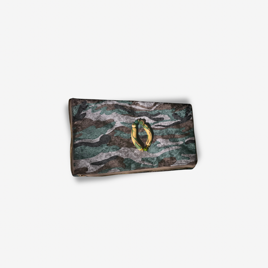 JVOR x Lavish Society Armory Lux camo clutch with handmade camo bracelet on white background”
