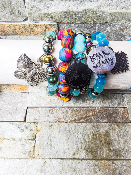 AZURE BRACELET STACK WITH MIXED MEDIA BEADS & AFFIRMATIONS - VIBRANT, LUXE, & SPIRITUALLY UPLIFTING