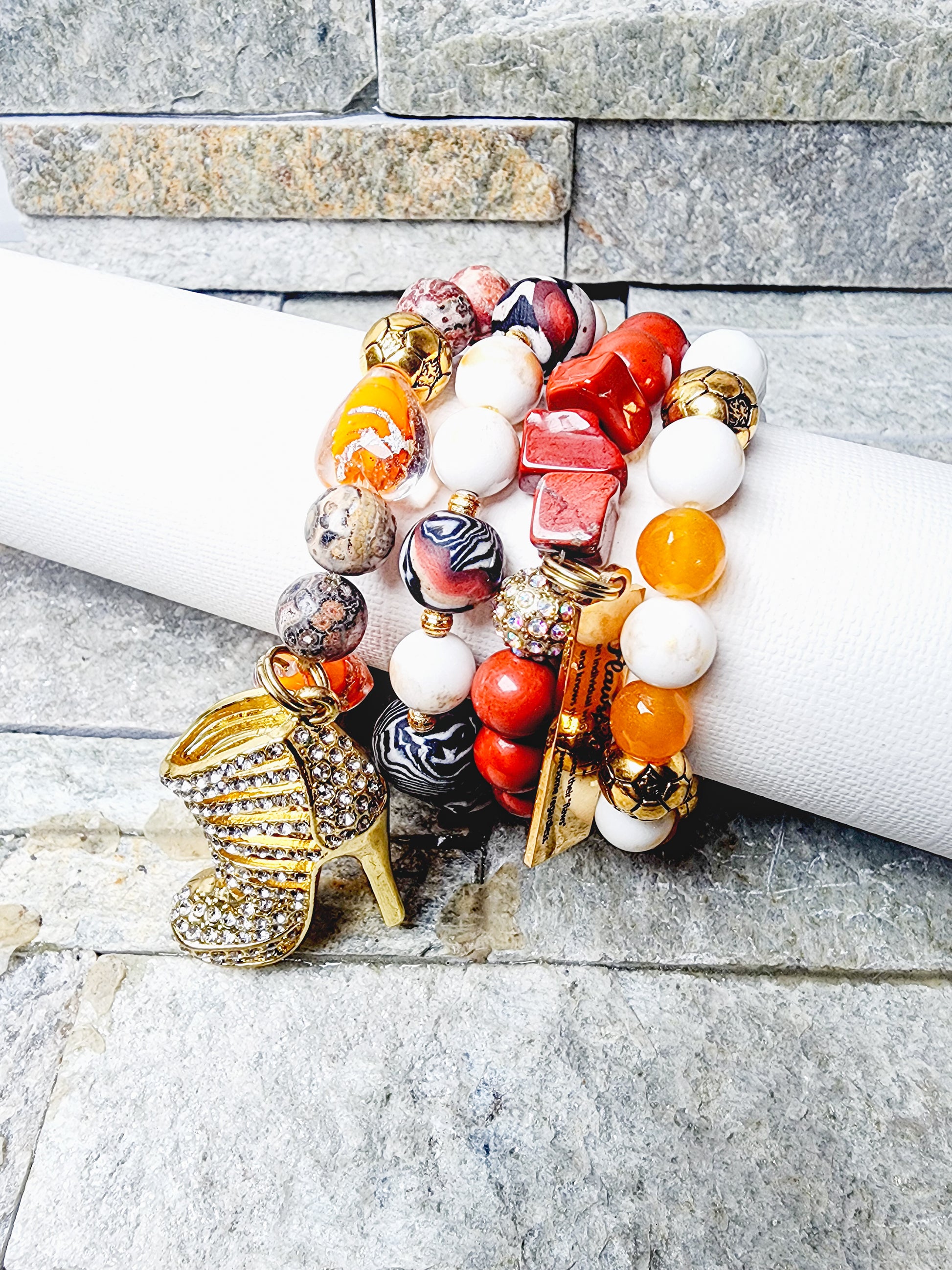 BLYTHE IS ORANGE, GOLD, & WHITE BRACELET STACK - JOYFUL, SPIRITED, & HAND-BEADED WITH INTENTION AND FIRE.