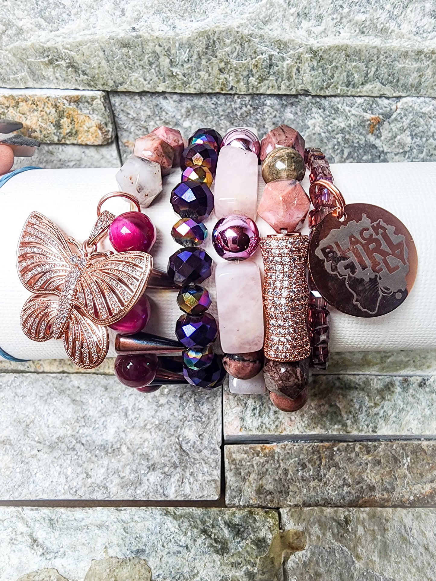 CIPRIANI BRACLET STACK WITH RHODONITE, ROSE QUART TIGERS EYE AND HEMATITE CRYSTALS - HANDCRAFTED BLEND OF CLARITY, CREATIVITY AND DIVINE LOVE.