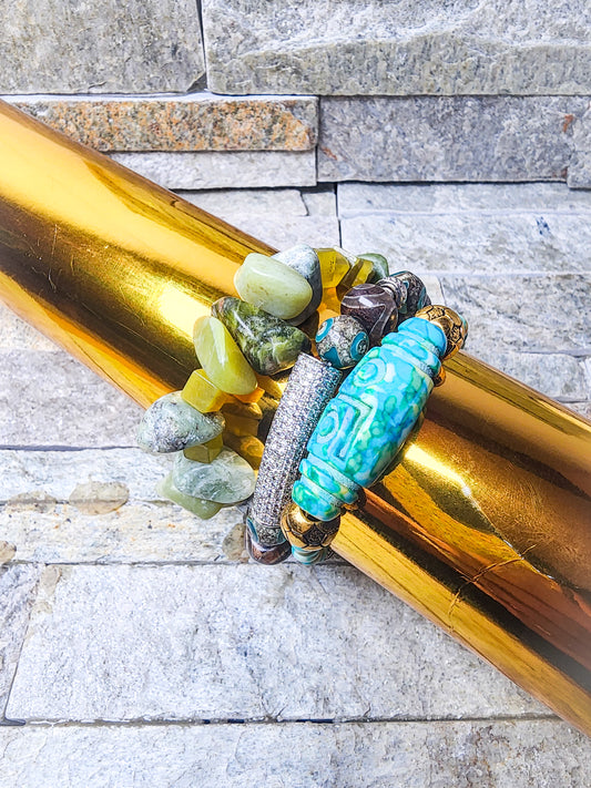 CRYSTAL HARMONY BRACELET WITH JADE OLIVE CHIPS - EARTHY, ORGANIC, & HANDCRAFTED TO RECONNECT WITH NATURE.