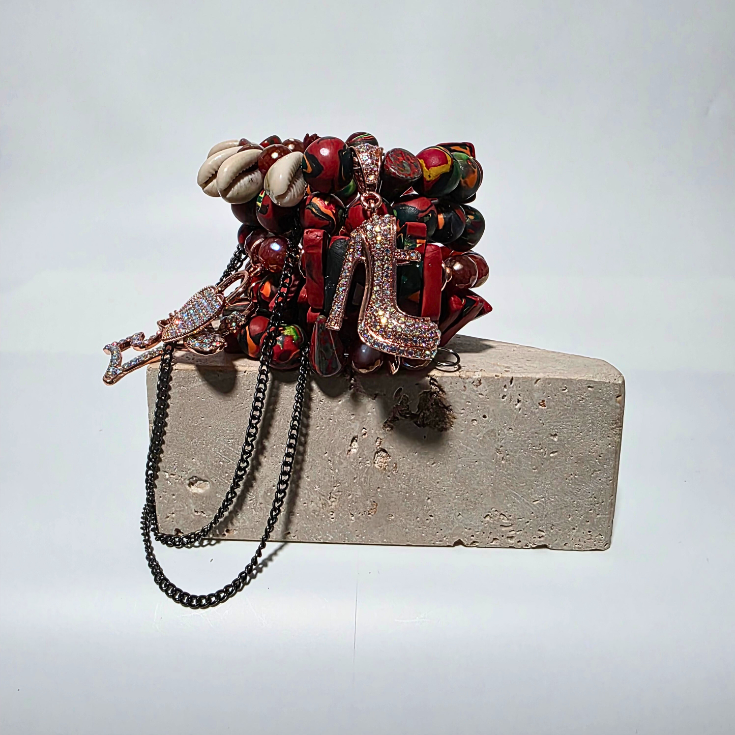 Handcrafted agate crystal and polymer clay bead bracelet in fiery orange and red tones