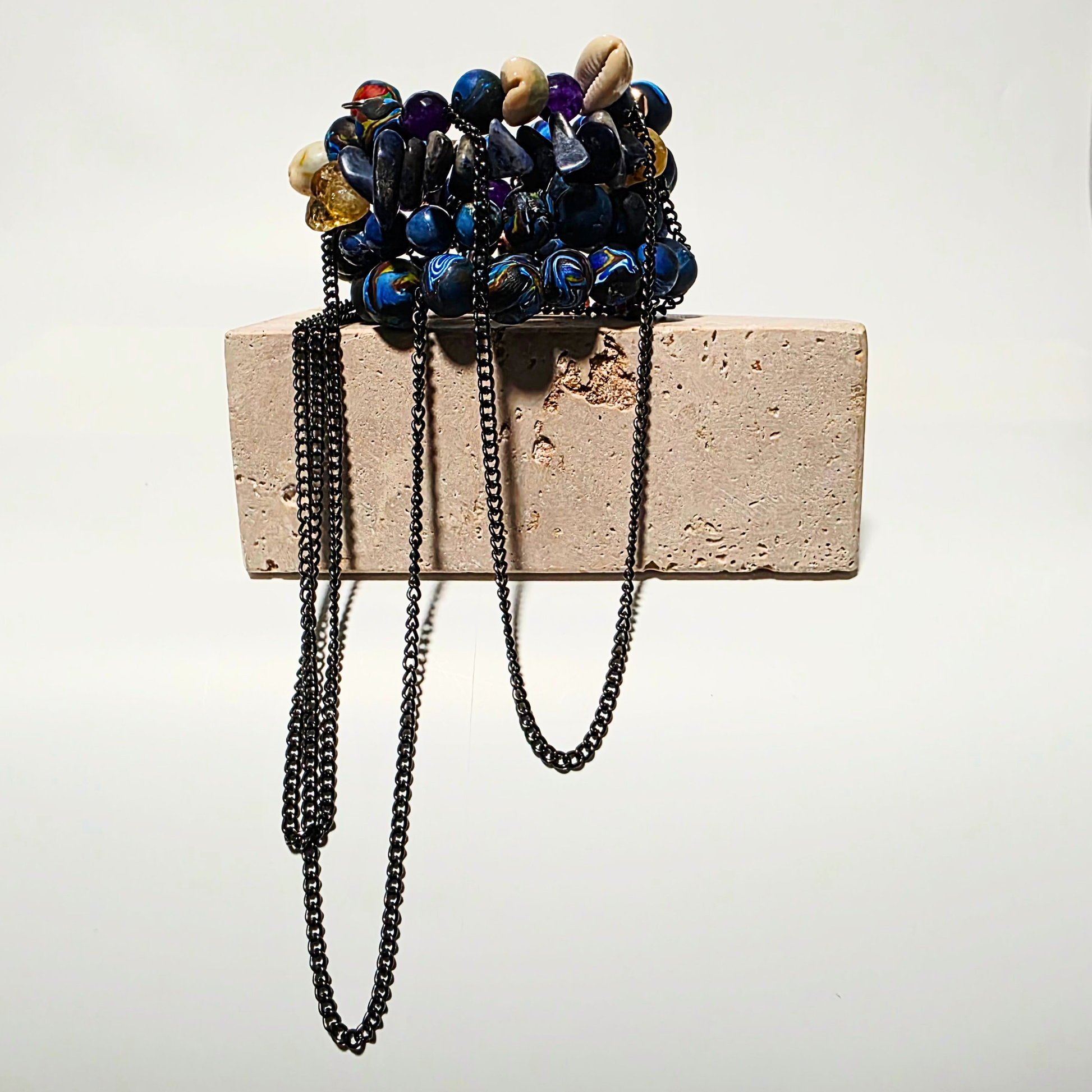 Handcrafted Jasper Rebellion bracelet with Imperial Jasper, citrine, purple jade, clay beads, and cowrie shells — luxury multi-layer piece.