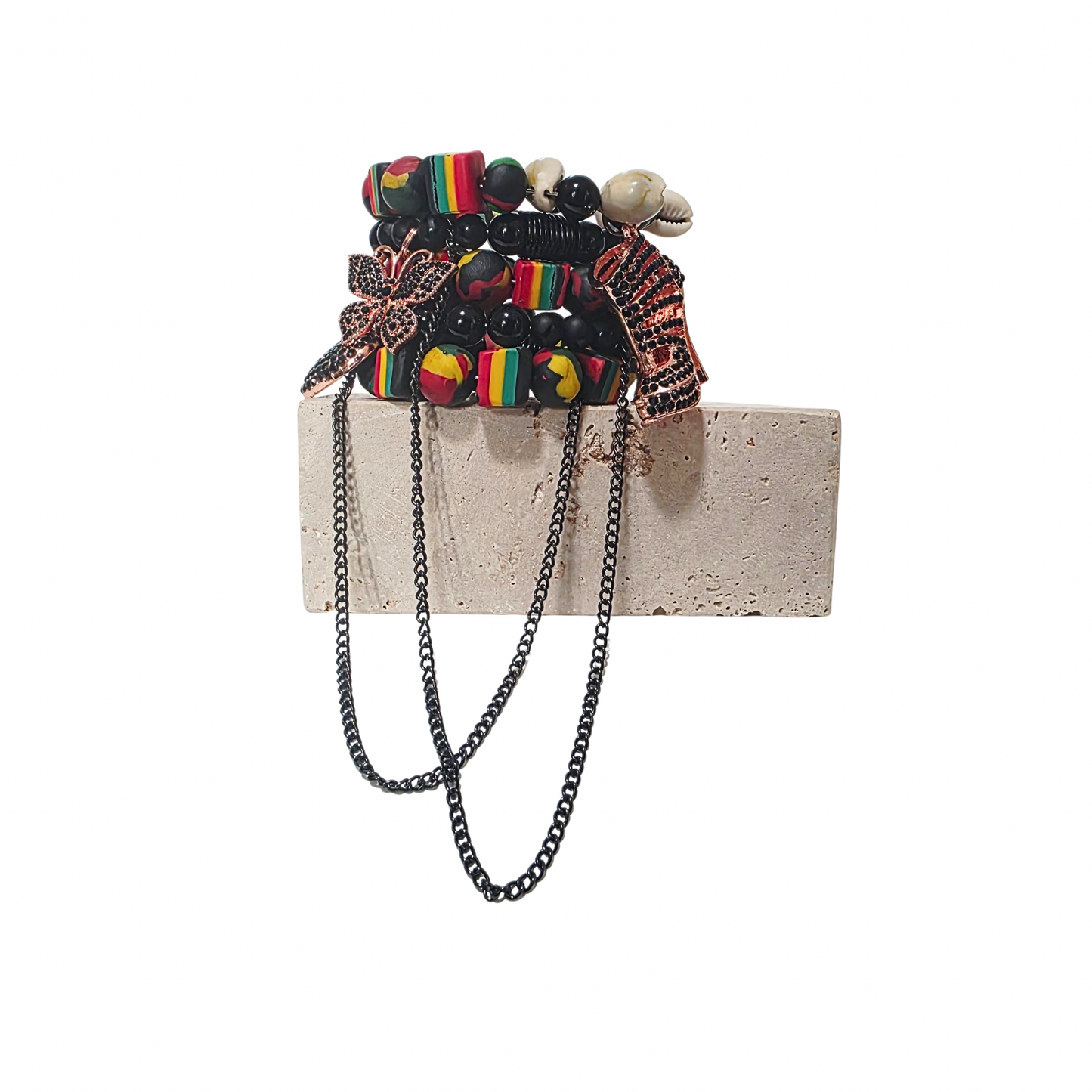 KULTURE APEX bracelet featuring polymer clay beads and cascading gunmetal chains