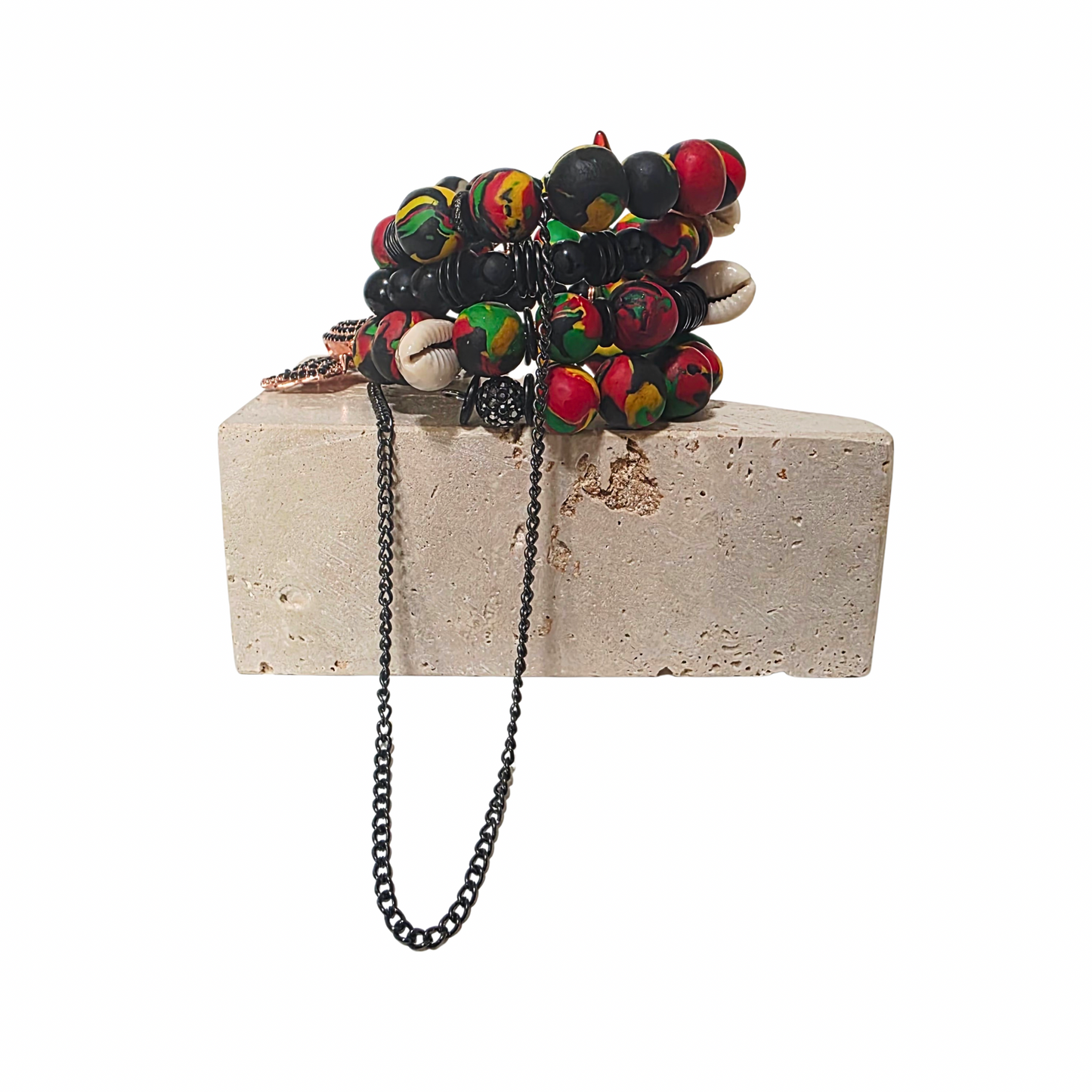 JvOR metal wrap bracelet with black tourmaline, soccer agate, and clay beads.