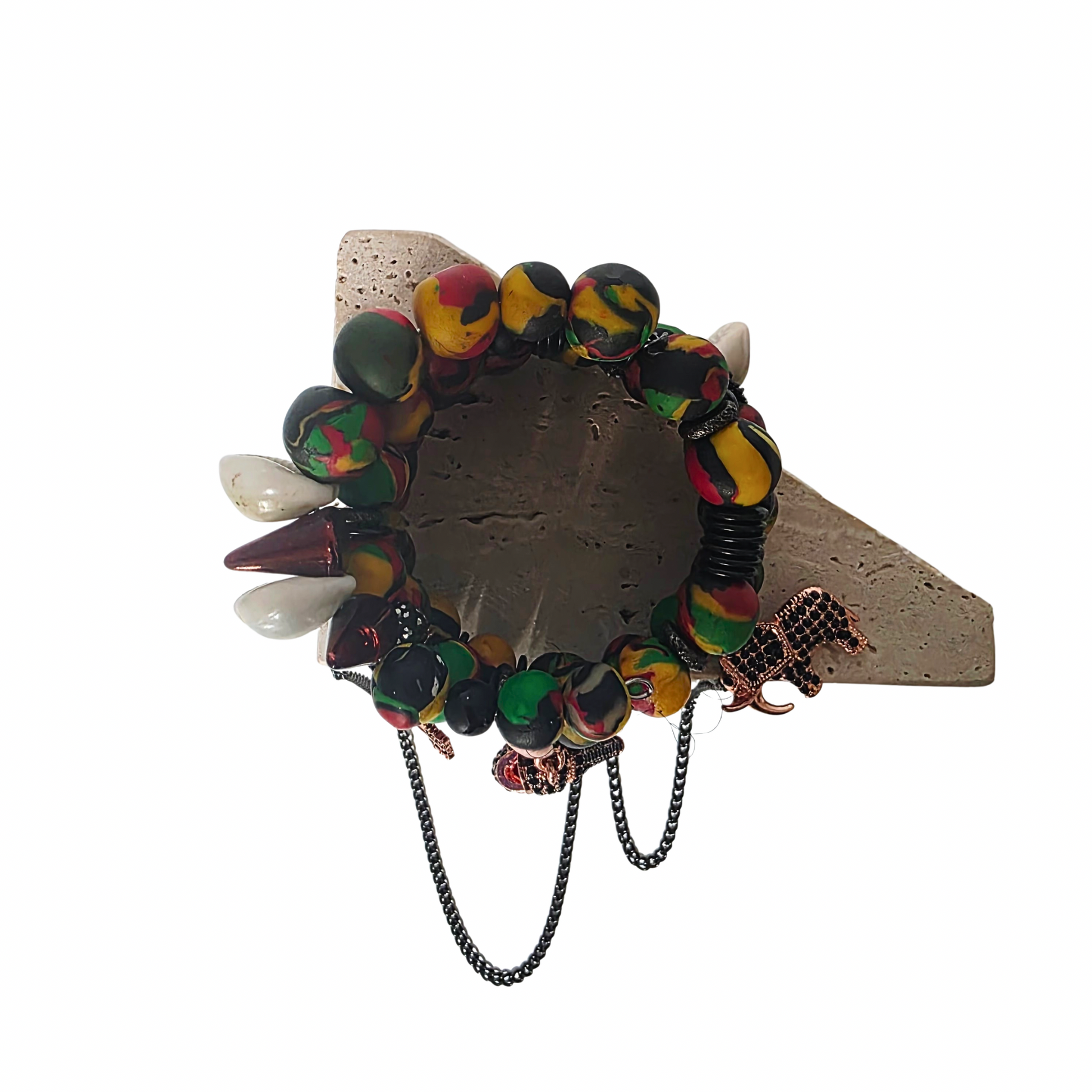 Pan-African clay bead wrap bracelet with gunmetal chains and rhinestone charms