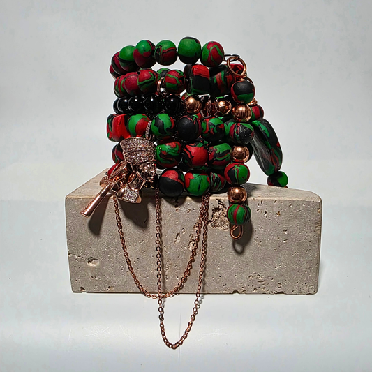 Pan-African clay bead bracelet with copper chains and crystal accents