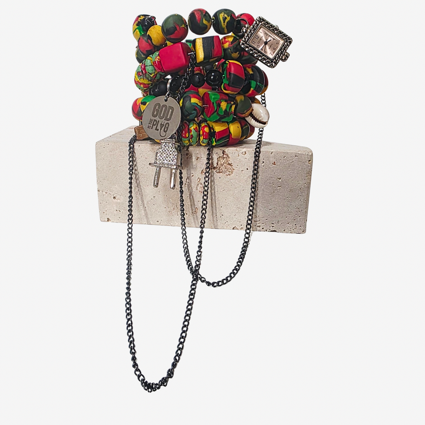 SOVEREIGN KULTUREBLADE multi-loop wrap bracelet with black tourmaline and krobo beads